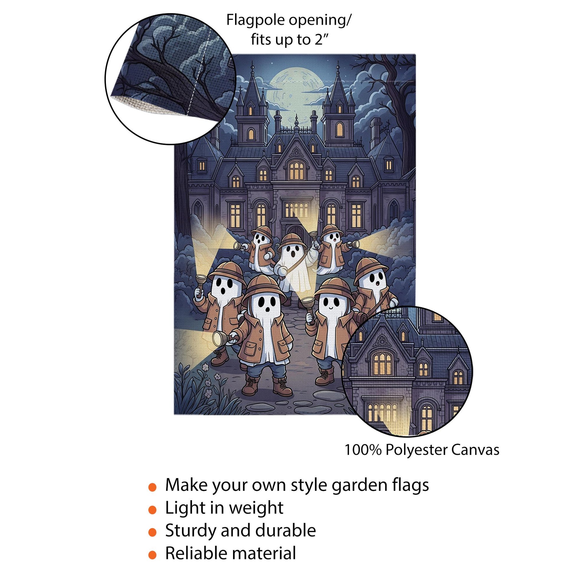 Ghost Detective Haunted Mansion Flag – Spooky Halloween Garden Flag, Haunted House Yard Decor, Trick or Treat Outdoor Flag