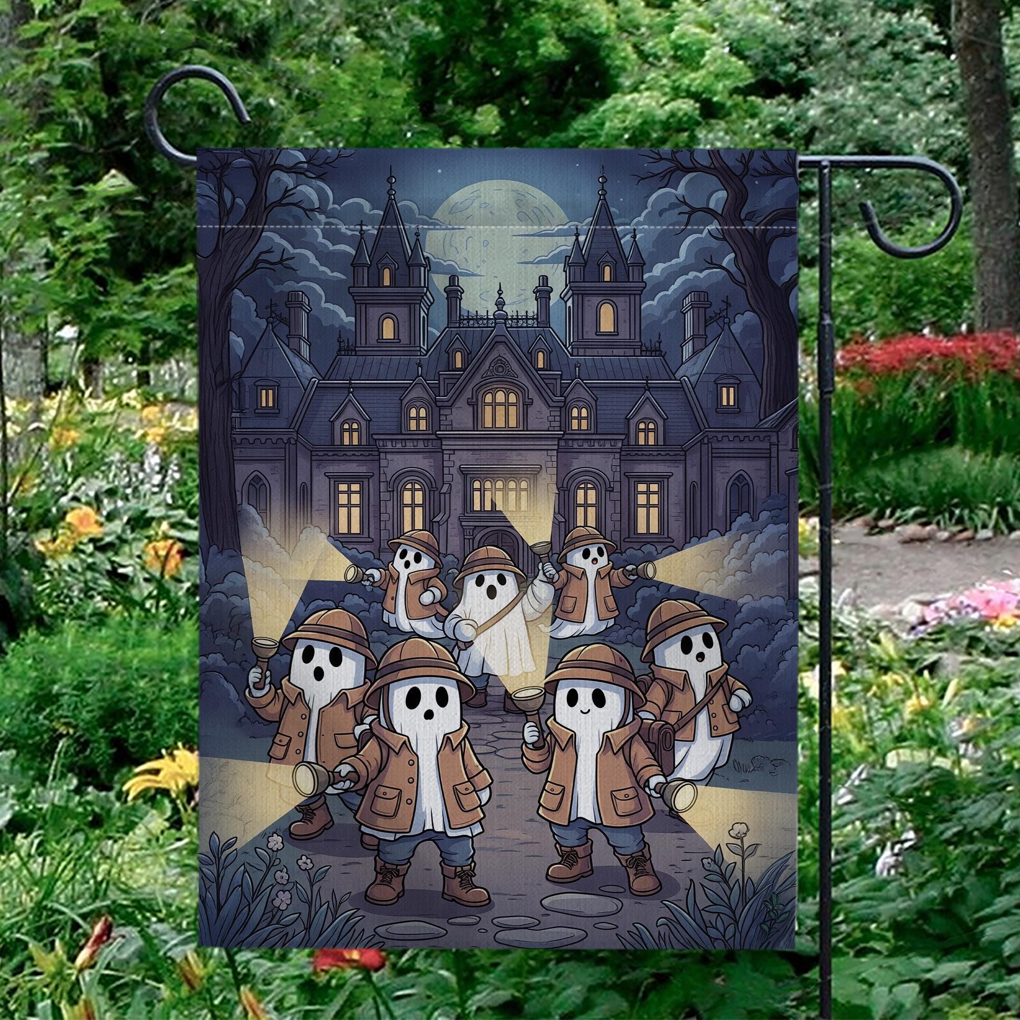 Ghost Detective Haunted Mansion Flag – Spooky Halloween Garden Flag, Haunted House Yard Decor, Trick or Treat Outdoor Flag