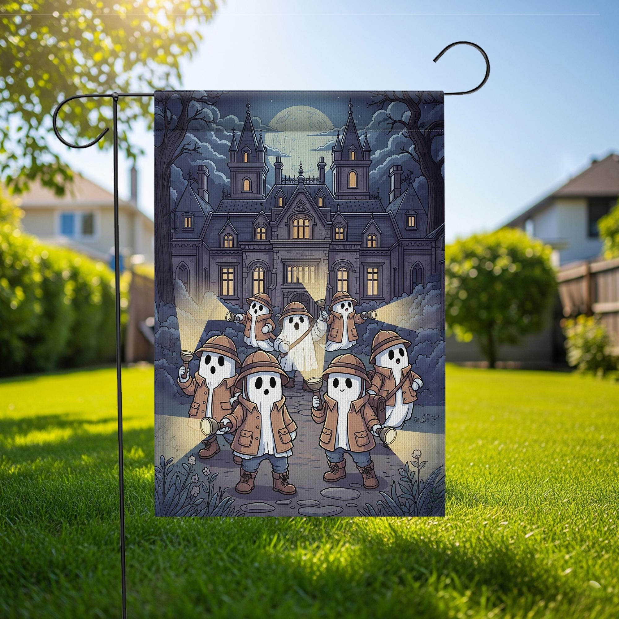 Ghost Detective Haunted Mansion Flag – Spooky Halloween Garden Flag, Haunted House Yard Decor, Trick or Treat Outdoor Flag