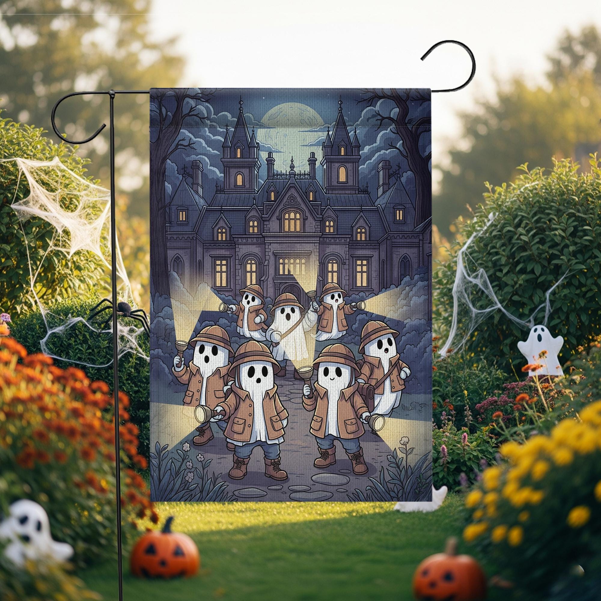 Ghost Detective Haunted Mansion Flag – Spooky Halloween Garden Flag, Haunted House Yard Decor, Trick or Treat Outdoor Flag