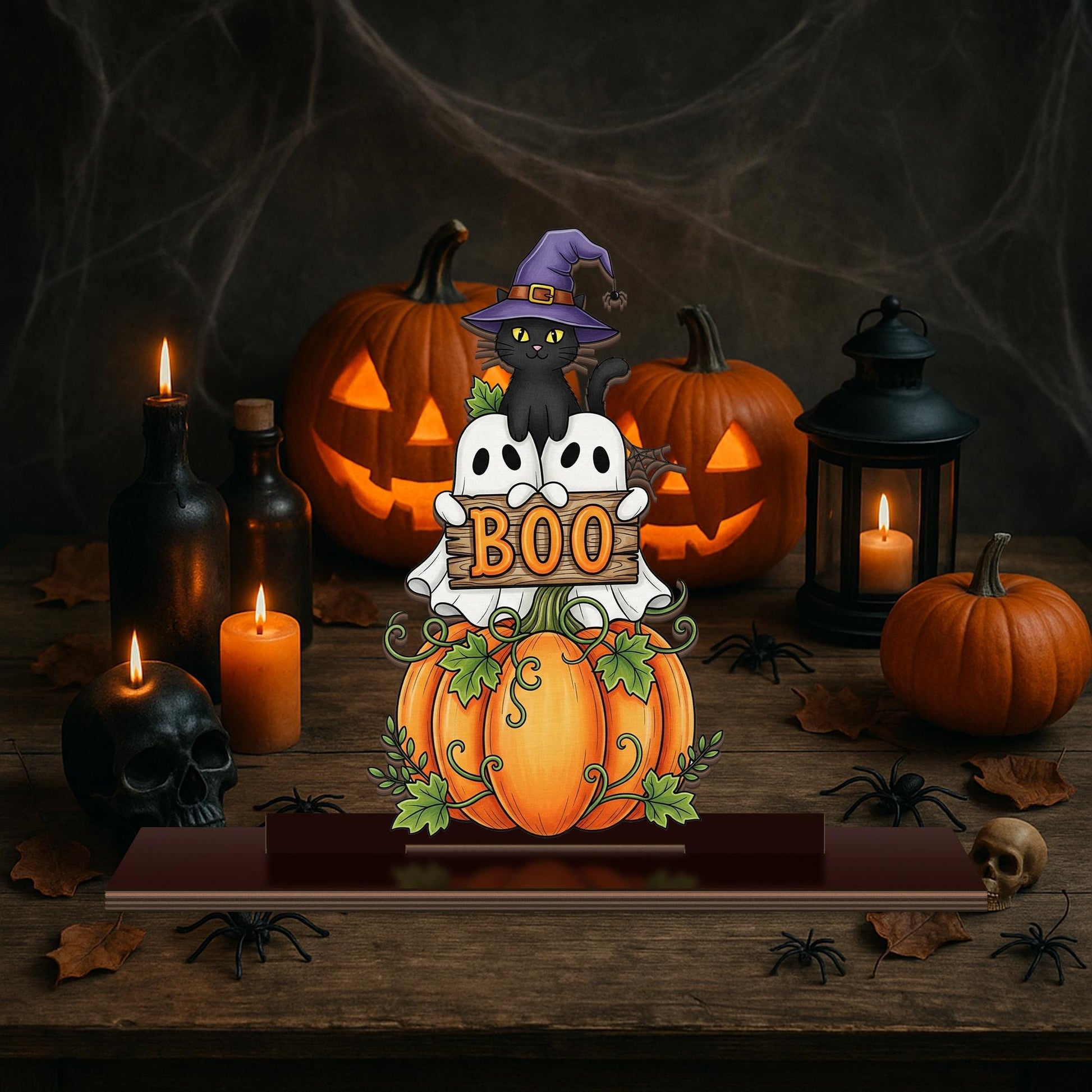 Halloween Wood Standee – Cute Ghost Pumpkin Cat “BOO” Sign – Spooky Fall Tabletop Decor for Trick or Treat & Autumn Display