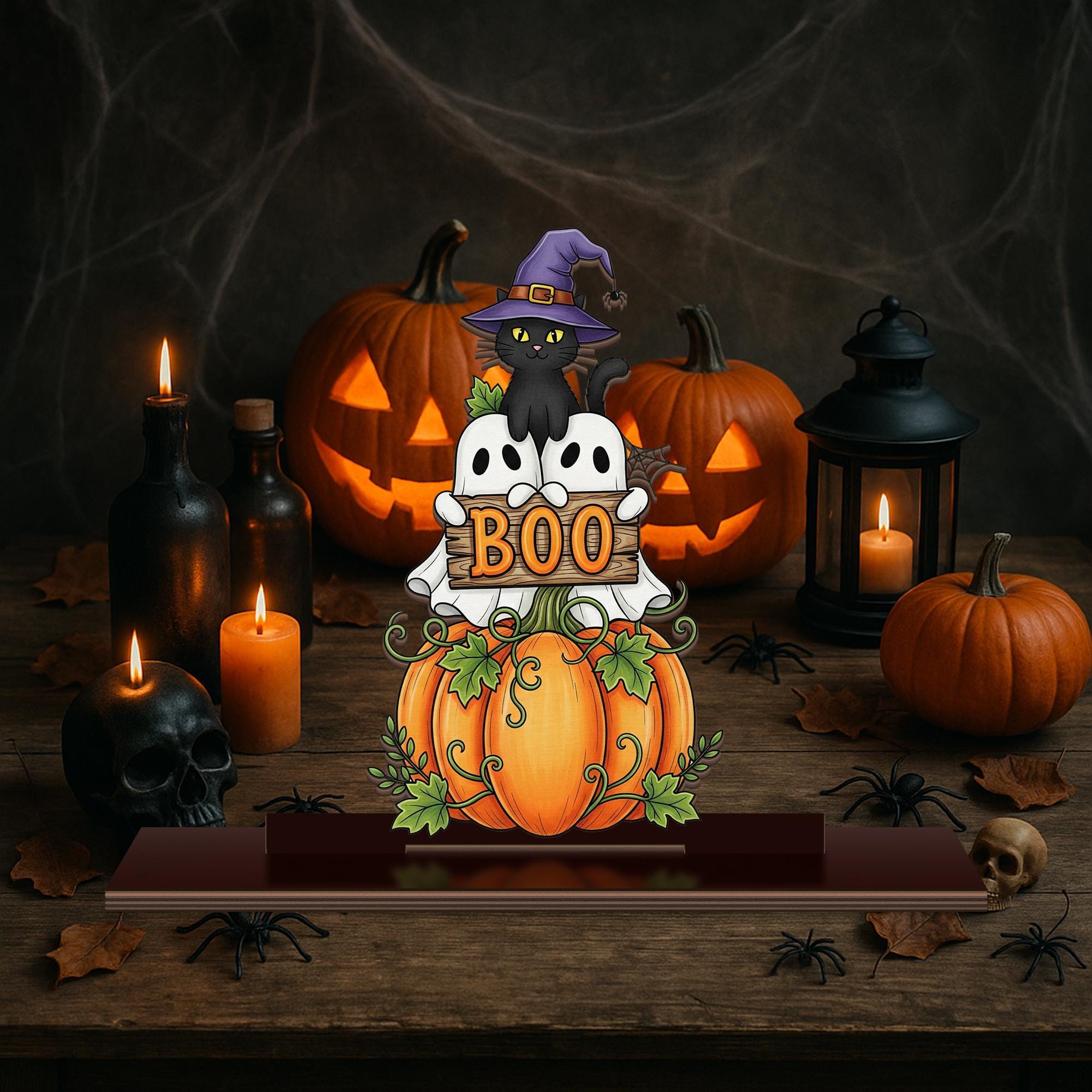 Halloween Wood Standee – Cute Ghost Pumpkin Cat “BOO” Sign – Spooky Fall Tabletop Decor for Trick or Treat & Autumn Display
