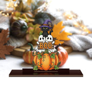 Halloween Wood Standee – Cute Ghost Pumpkin Cat “BOO” Sign – Spooky Fall Tabletop Decor for Trick or Treat & Autumn Display