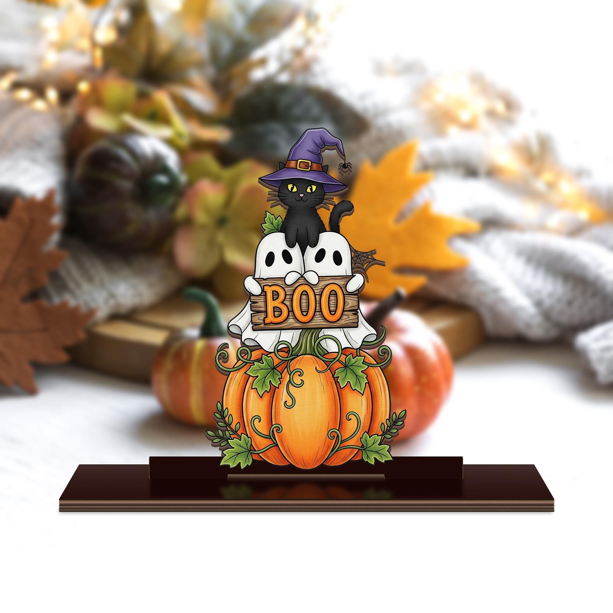 Halloween Wood Standee – Cute Ghost Pumpkin Cat “BOO” Sign – Spooky Fall Tabletop Decor for Trick or Treat & Autumn Display