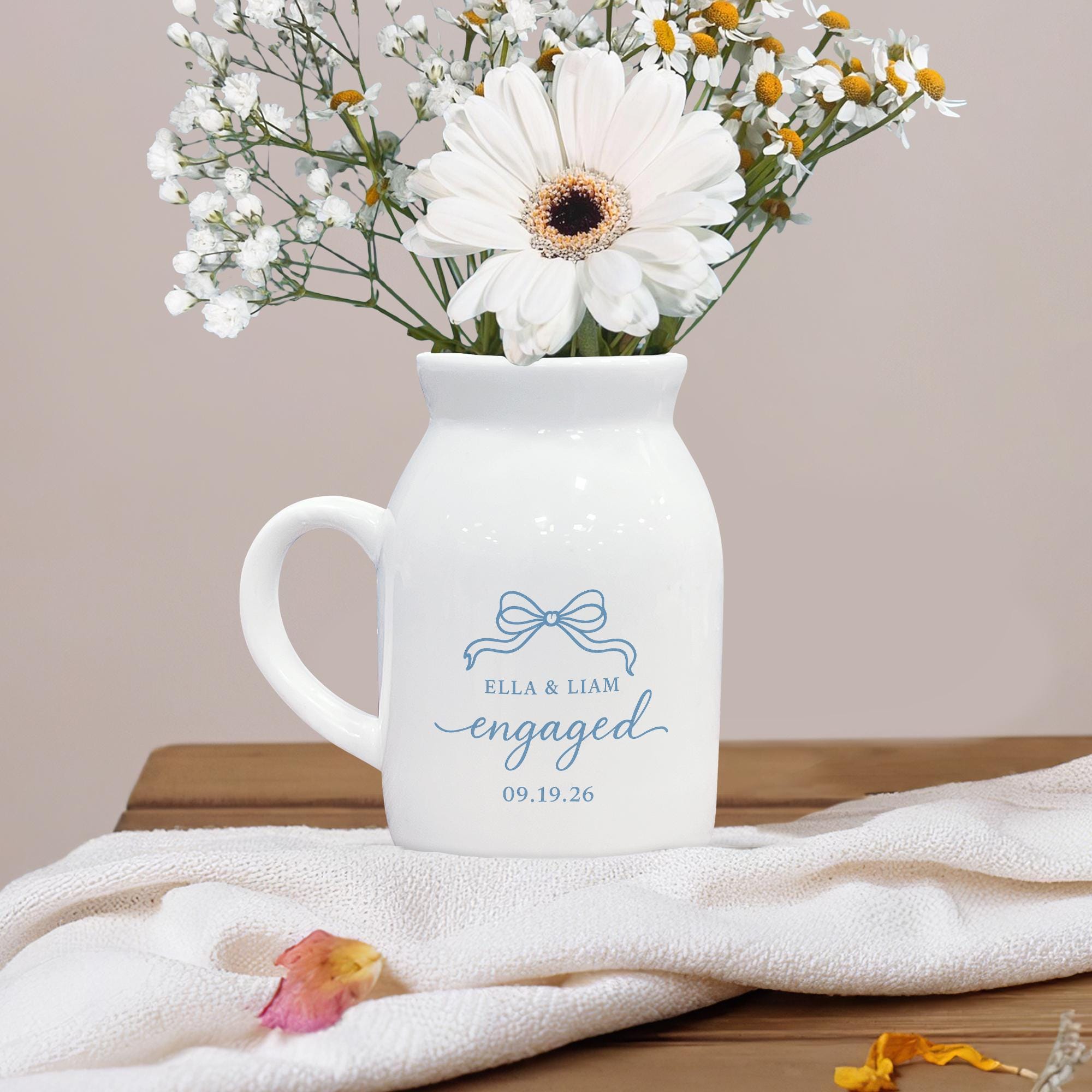 Custom Engagement Vase – Personalized Ceramic Flower Pitcher with Names & Date – Wedding or Bridal Shower Gift for Couples
