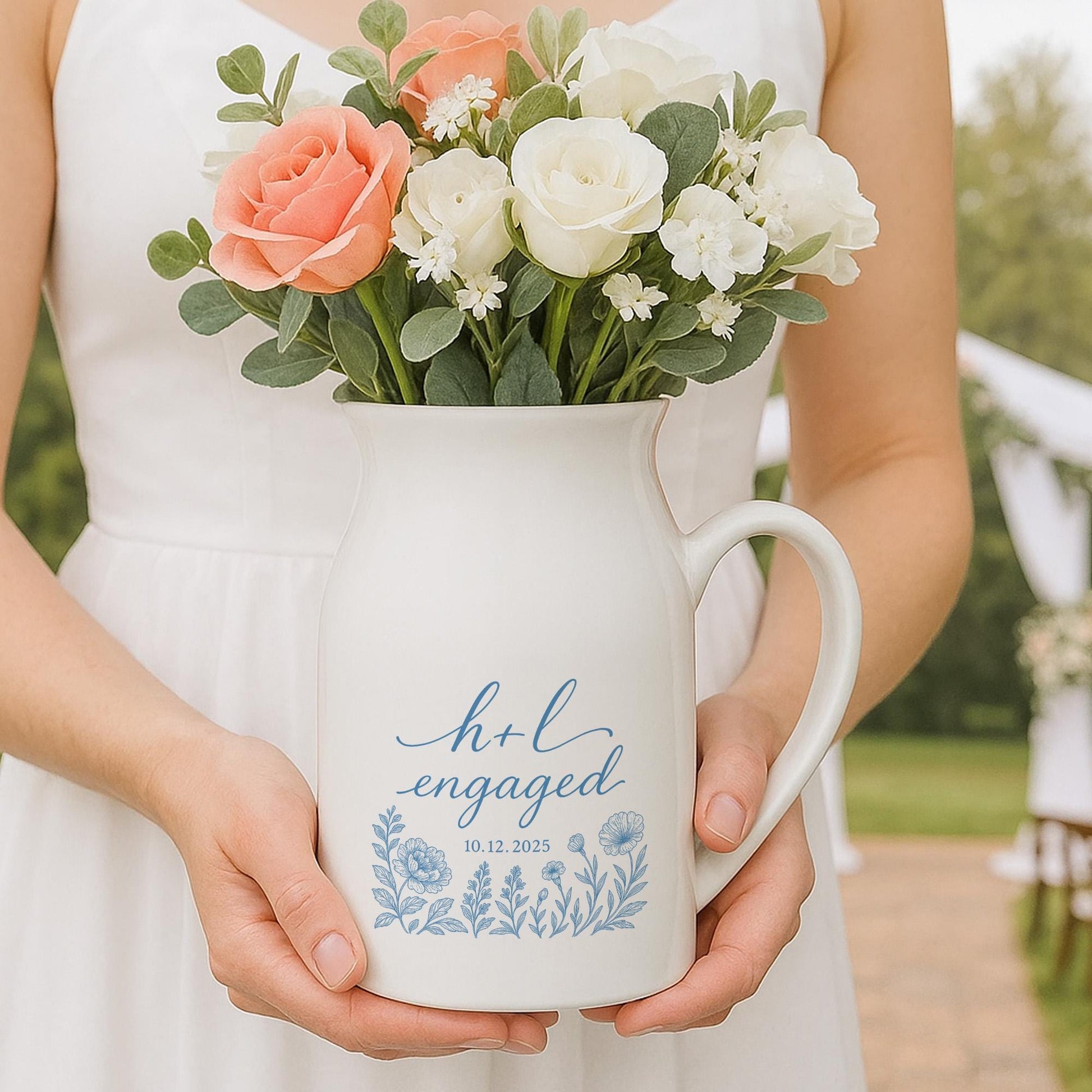 Personalized Engagement Toile de Jouy Vase – Custom Ceramic Floral Pitcher with Couple’s Initials & Date – Romantic Gift for Engaged Couples