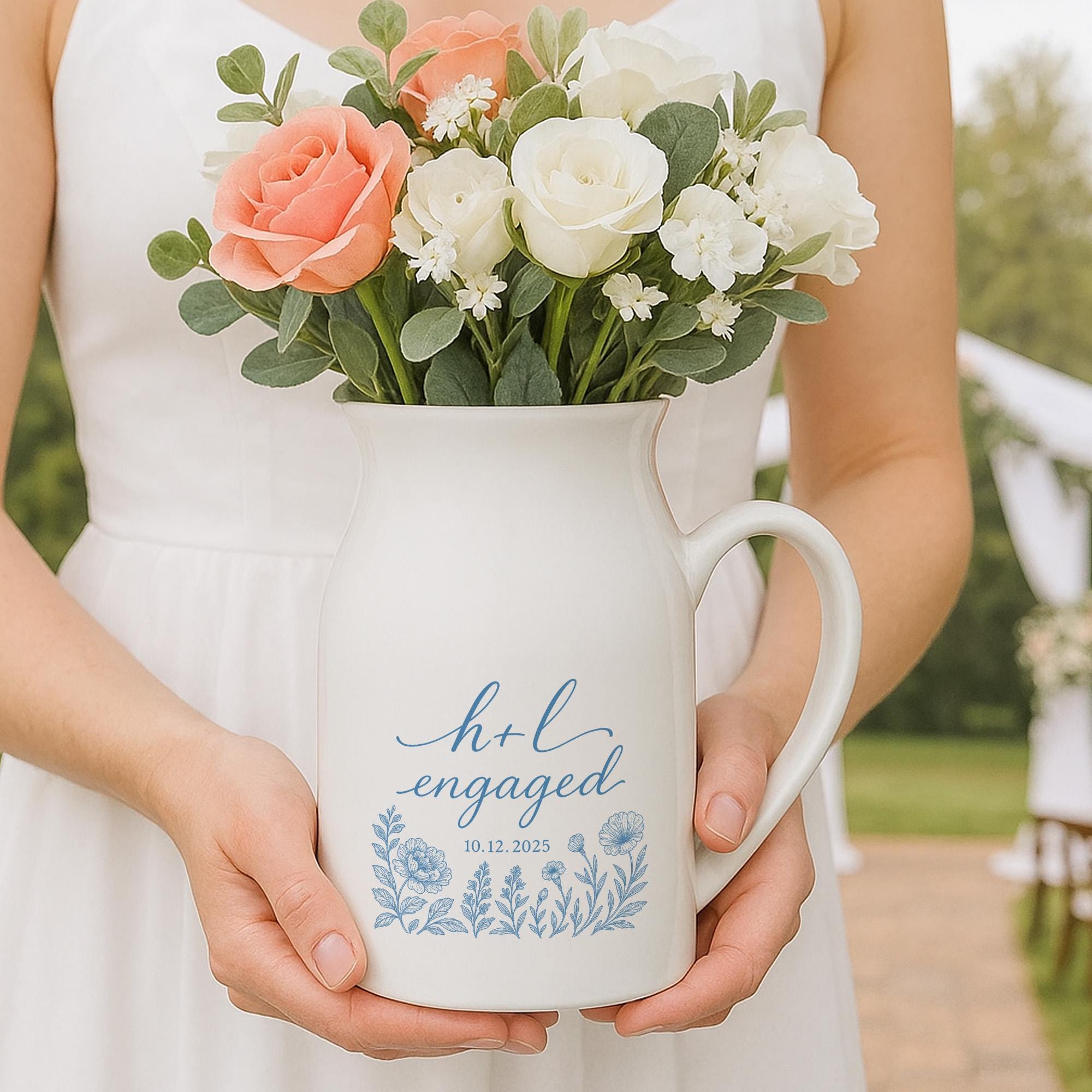 Personalized Engagement Toile de Jouy Vase – Custom Ceramic Floral Pitcher with Couple’s Initials & Date – Romantic Gift for Engaged Couples