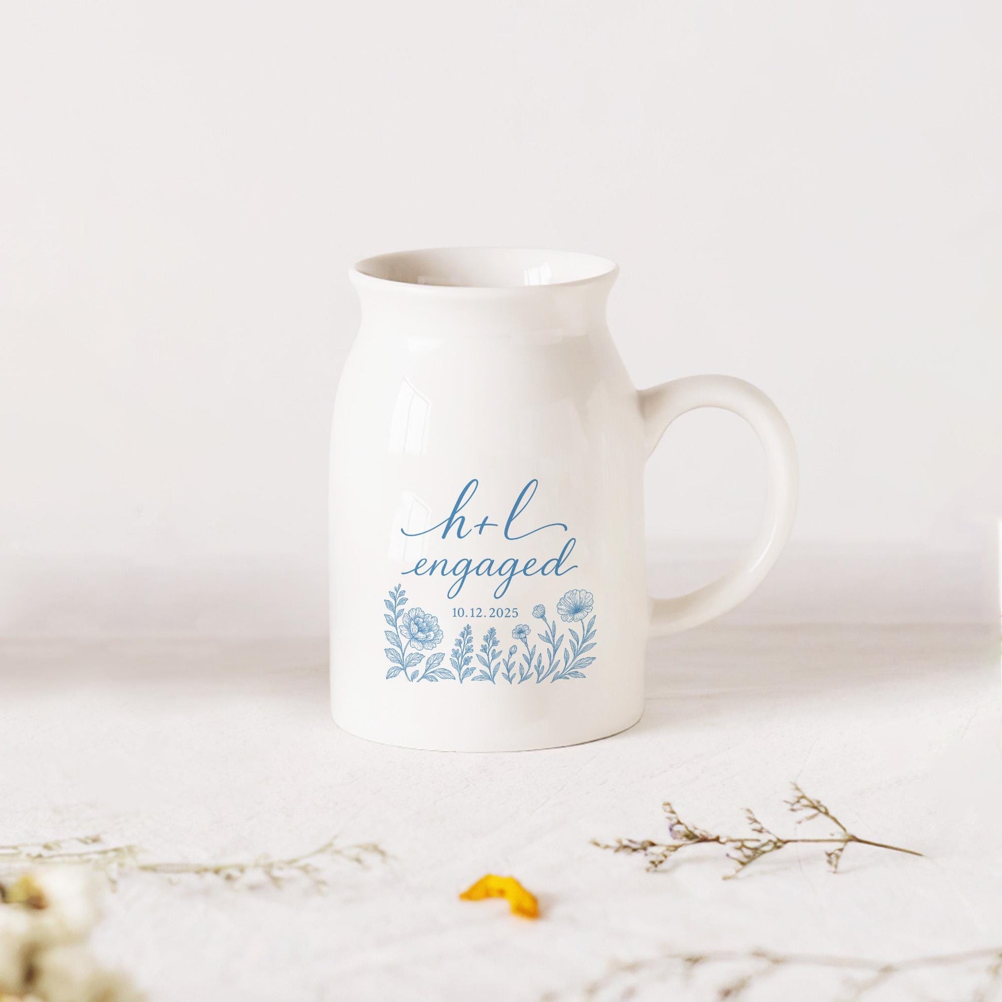 Personalized Engagement Toile de Jouy Vase – Custom Ceramic Floral Pitcher with Couple’s Initials & Date – Romantic Gift for Engaged Couples