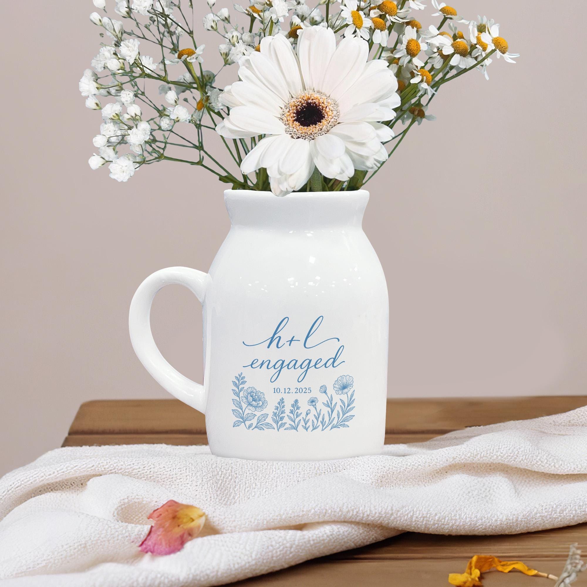 Personalized Engagement Toile de Jouy Vase – Custom Ceramic Floral Pitcher with Couple’s Initials & Date – Romantic Gift for Engaged Couples