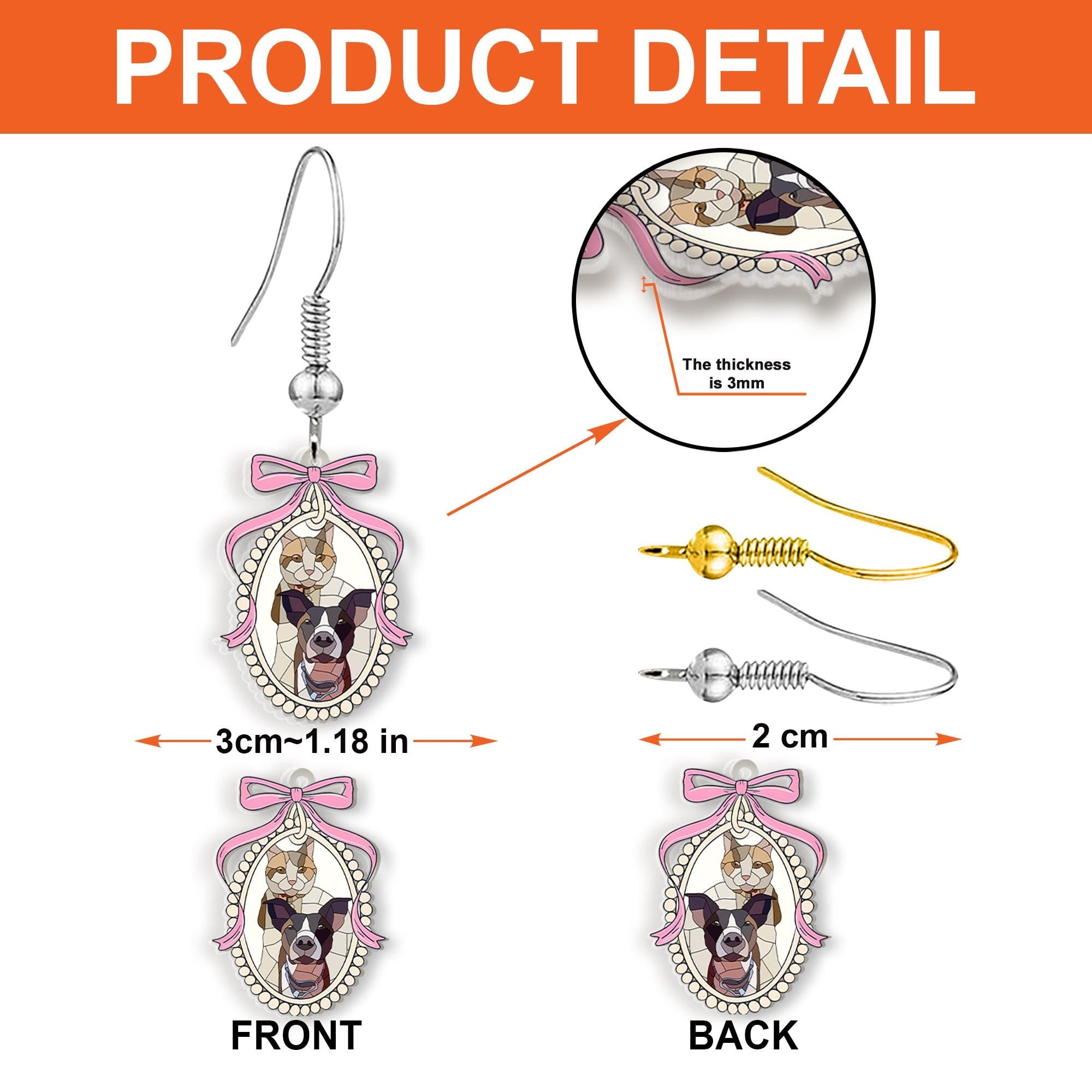 Custom Pet Portrait Earrings – Personalized Cat & Dog Face Jewelry with Pink Bow Frame – Unique Gift for Pet Lovers and Fur Moms