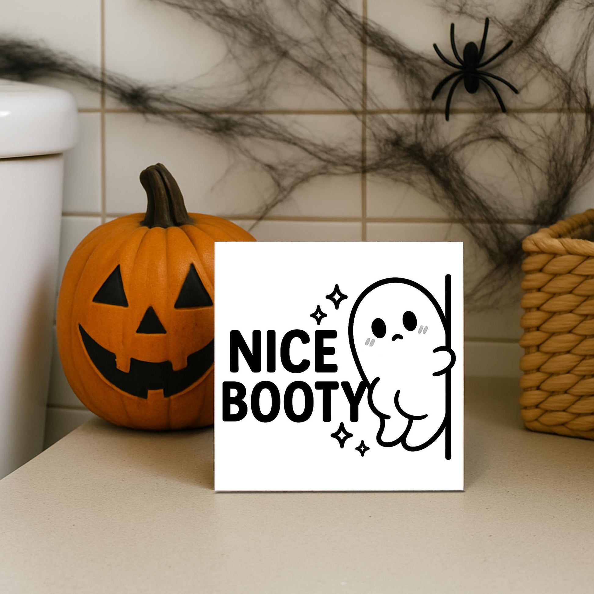 Funny Halloween Bathroom Sign – “Nice Booty” Ghost Wood Decor – Spooky Cute Toilet Sign for Fall or Halloween Home Decor