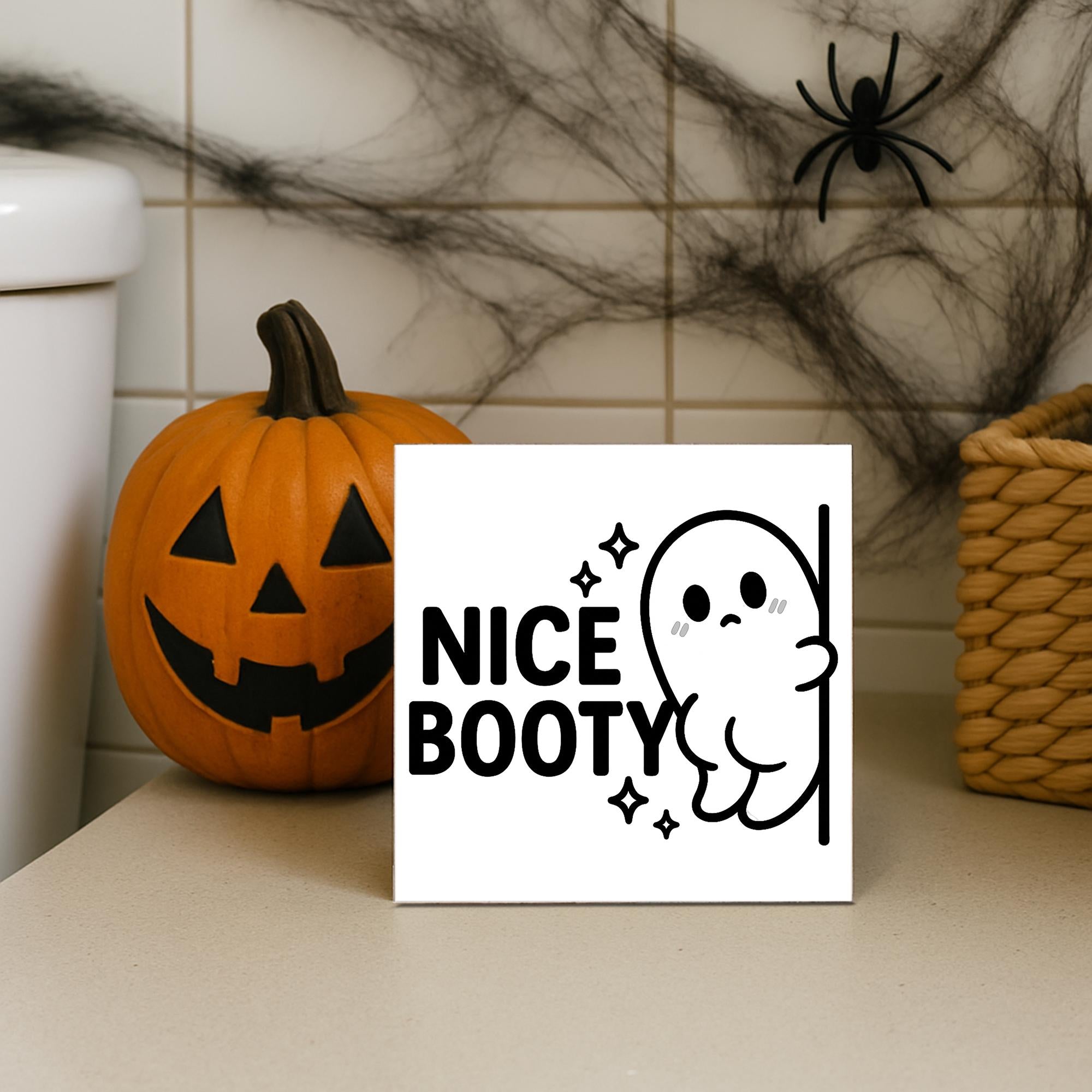 Funny Halloween Bathroom Sign – “Nice Booty” Ghost Wood Decor – Spooky Cute Toilet Sign for Fall or Halloween Home Decor
