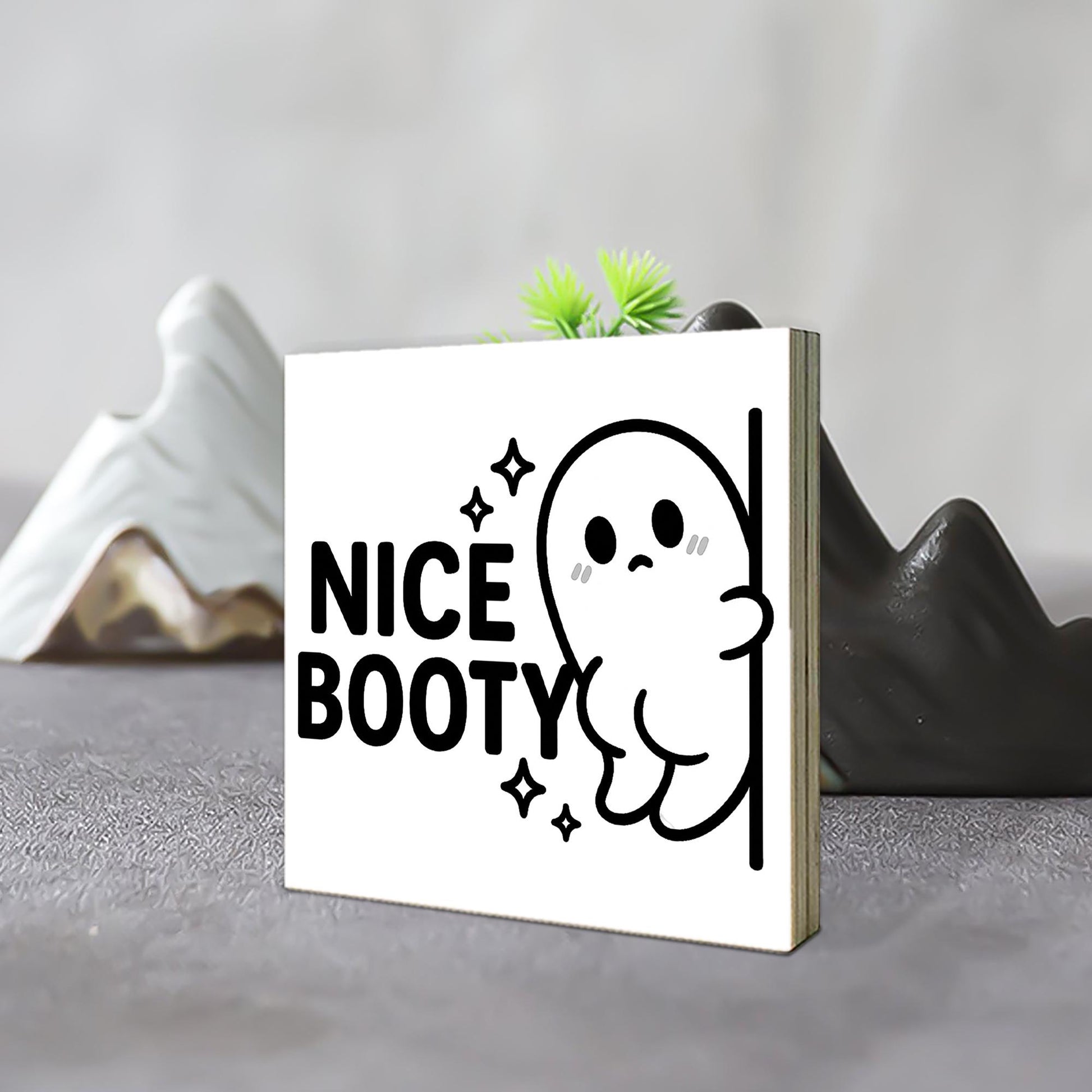 Funny Halloween Bathroom Sign – “Nice Booty” Ghost Wood Decor – Spooky Cute Toilet Sign for Fall or Halloween Home Decor