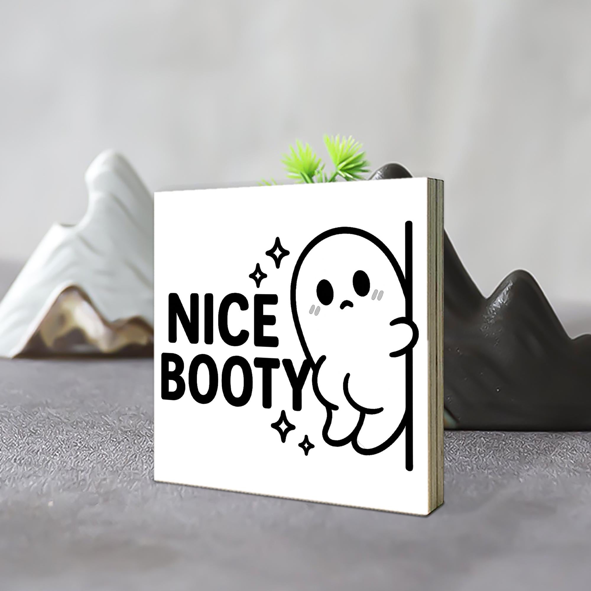 Funny Halloween Bathroom Sign – “Nice Booty” Ghost Wood Decor – Spooky Cute Toilet Sign for Fall or Halloween Home Decor