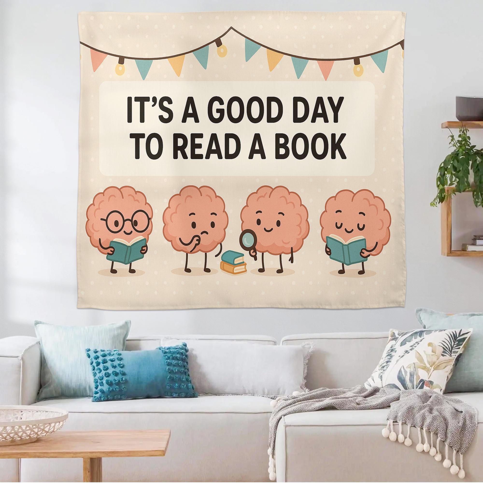 It’s a Good Day to Read a Book Tapestry | Cute Brain Reading Banner | Classroom Library Wall Decor | Teacher Literacy Poster Art