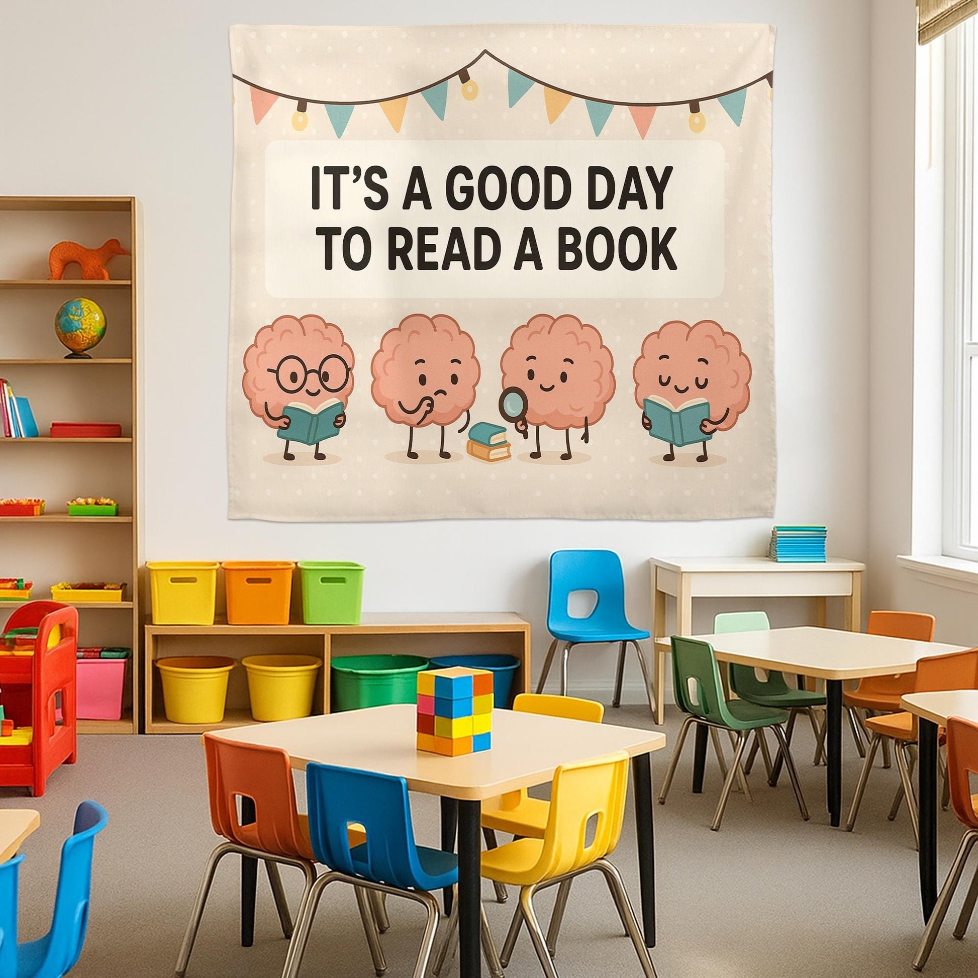 It’s a Good Day to Read a Book Tapestry | Cute Brain Reading Banner | Classroom Library Wall Decor | Teacher Literacy Poster Art