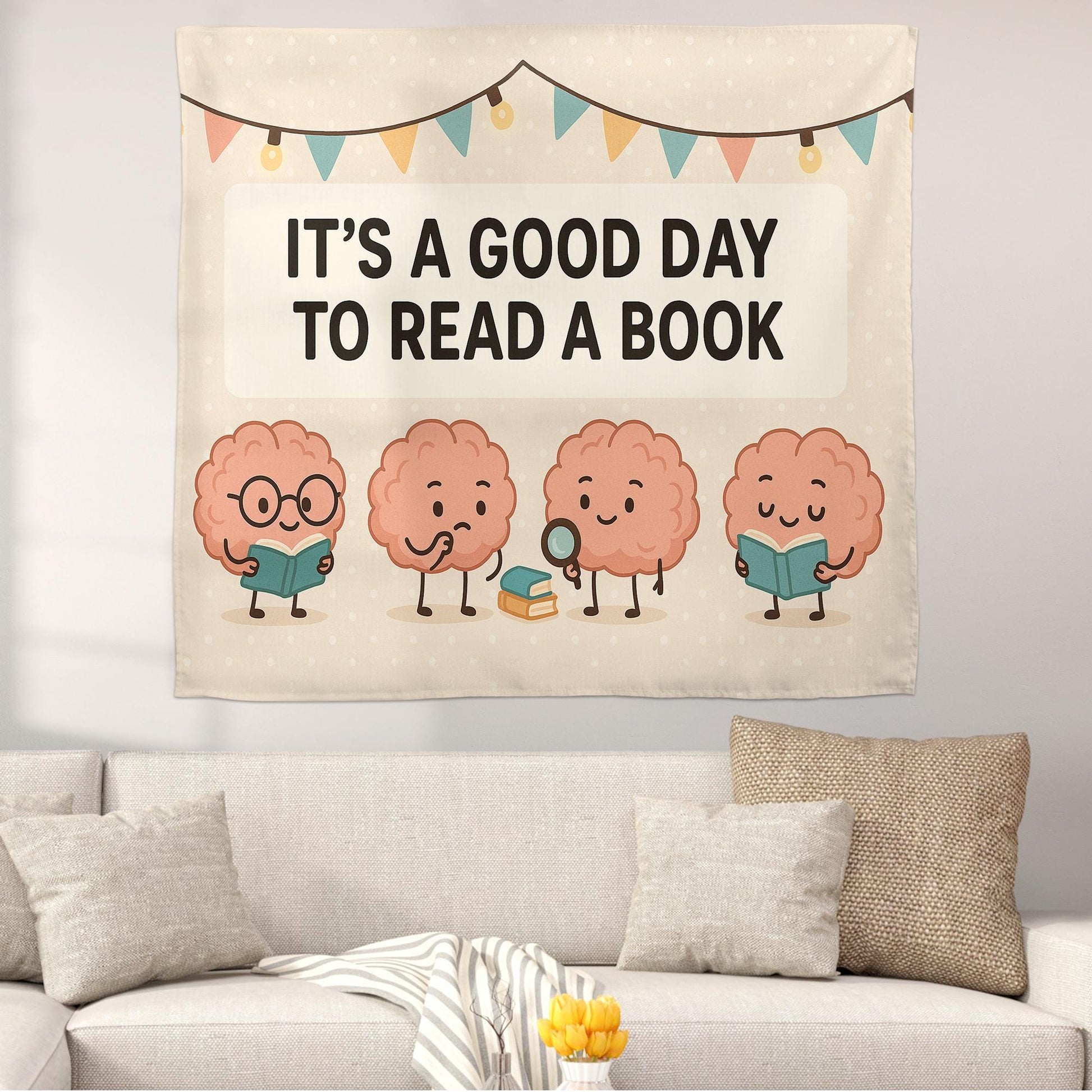 It’s a Good Day to Read a Book Tapestry | Cute Brain Reading Banner | Classroom Library Wall Decor | Teacher Literacy Poster Art