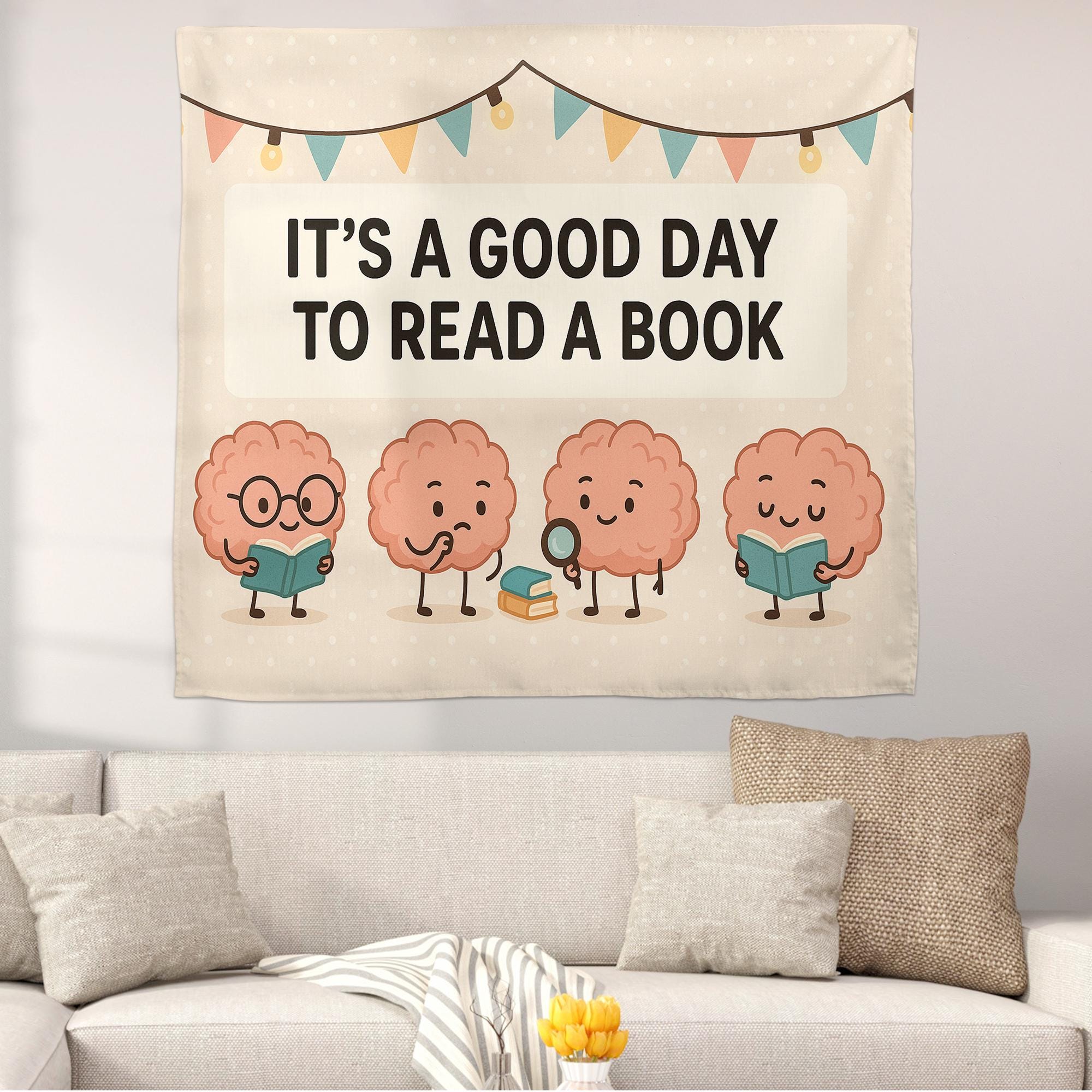 It’s a Good Day to Read a Book Tapestry | Cute Brain Reading Banner | Classroom Library Wall Decor | Teacher Literacy Poster Art