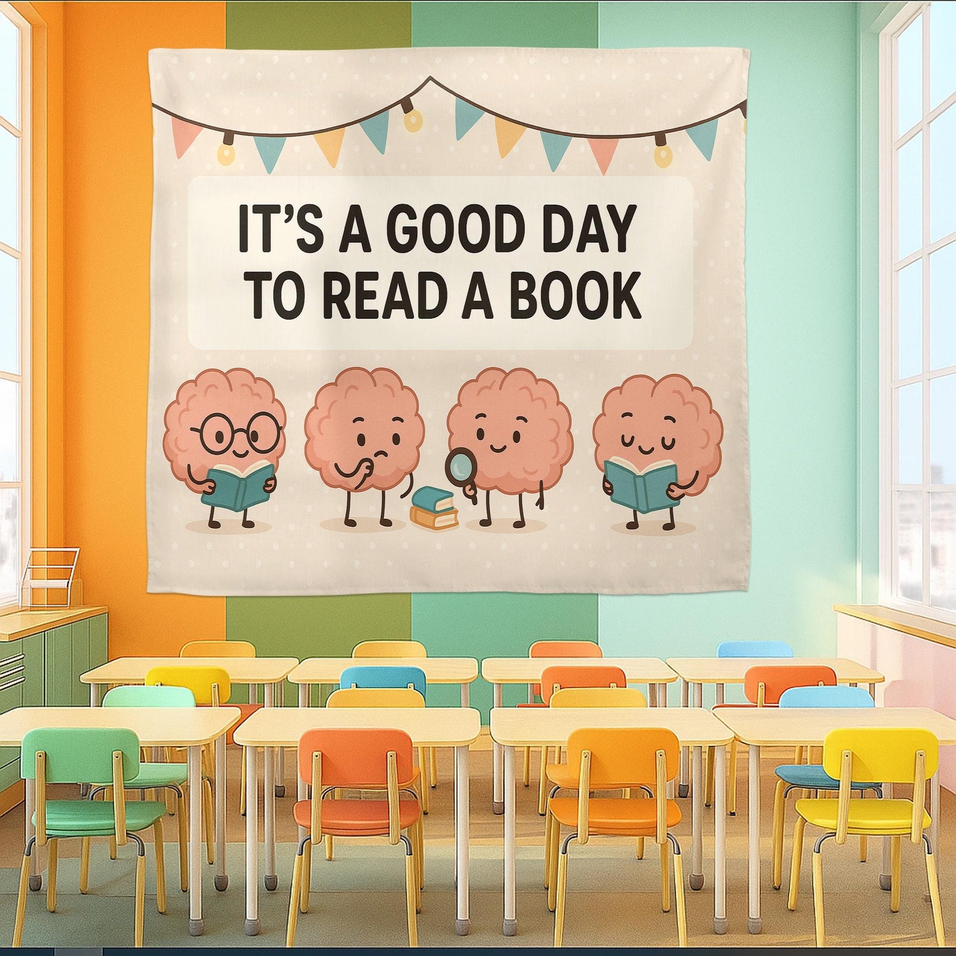 It’s a Good Day to Read a Book Tapestry | Cute Brain Reading Banner | Classroom Library Wall Decor | Teacher Literacy Poster Art