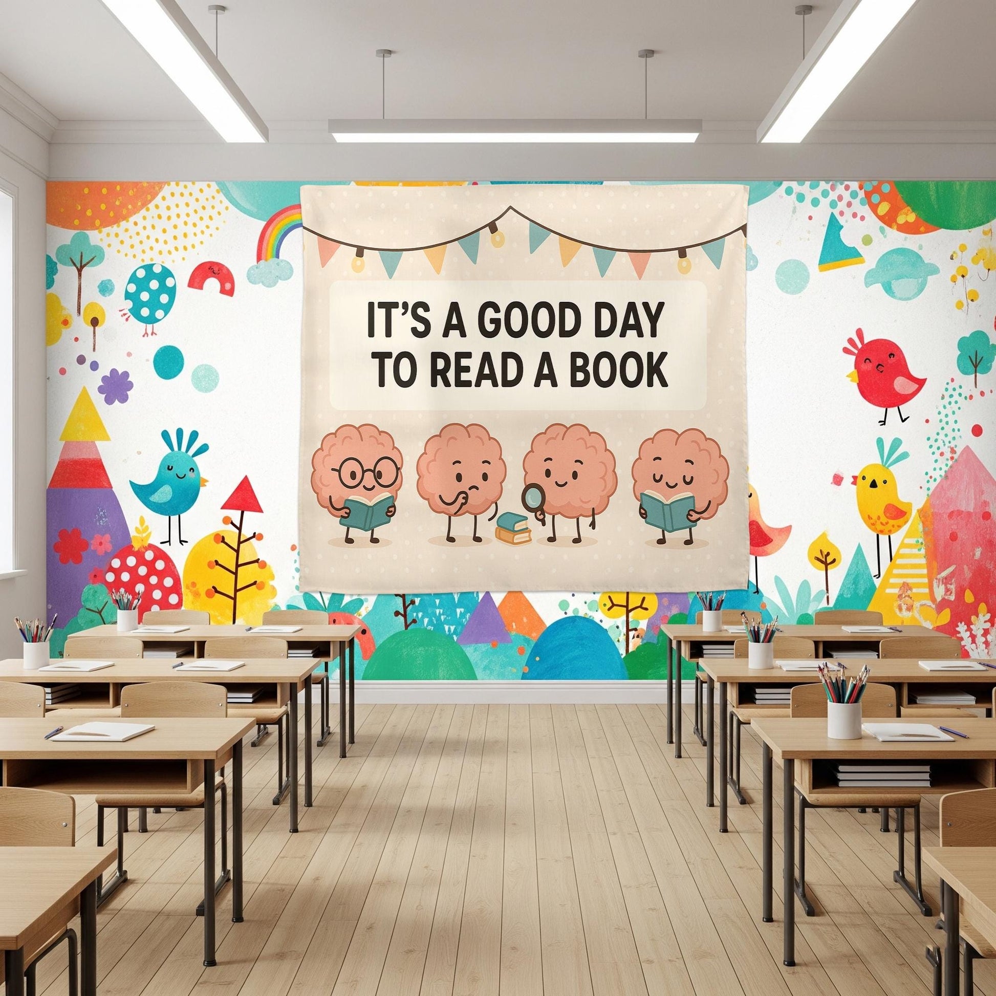 It’s a Good Day to Read a Book Tapestry | Cute Brain Reading Banner | Classroom Library Wall Decor | Teacher Literacy Poster Art