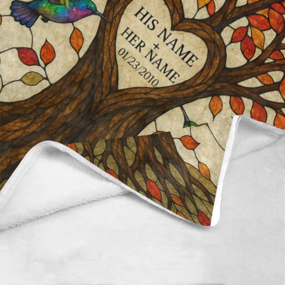 Personalized Anniversary Blanket, Couple Tree of Life Throw, Custom Name & Date Blanket,Fall Hummingbird Gift for Her or Him,Couple Keepsake