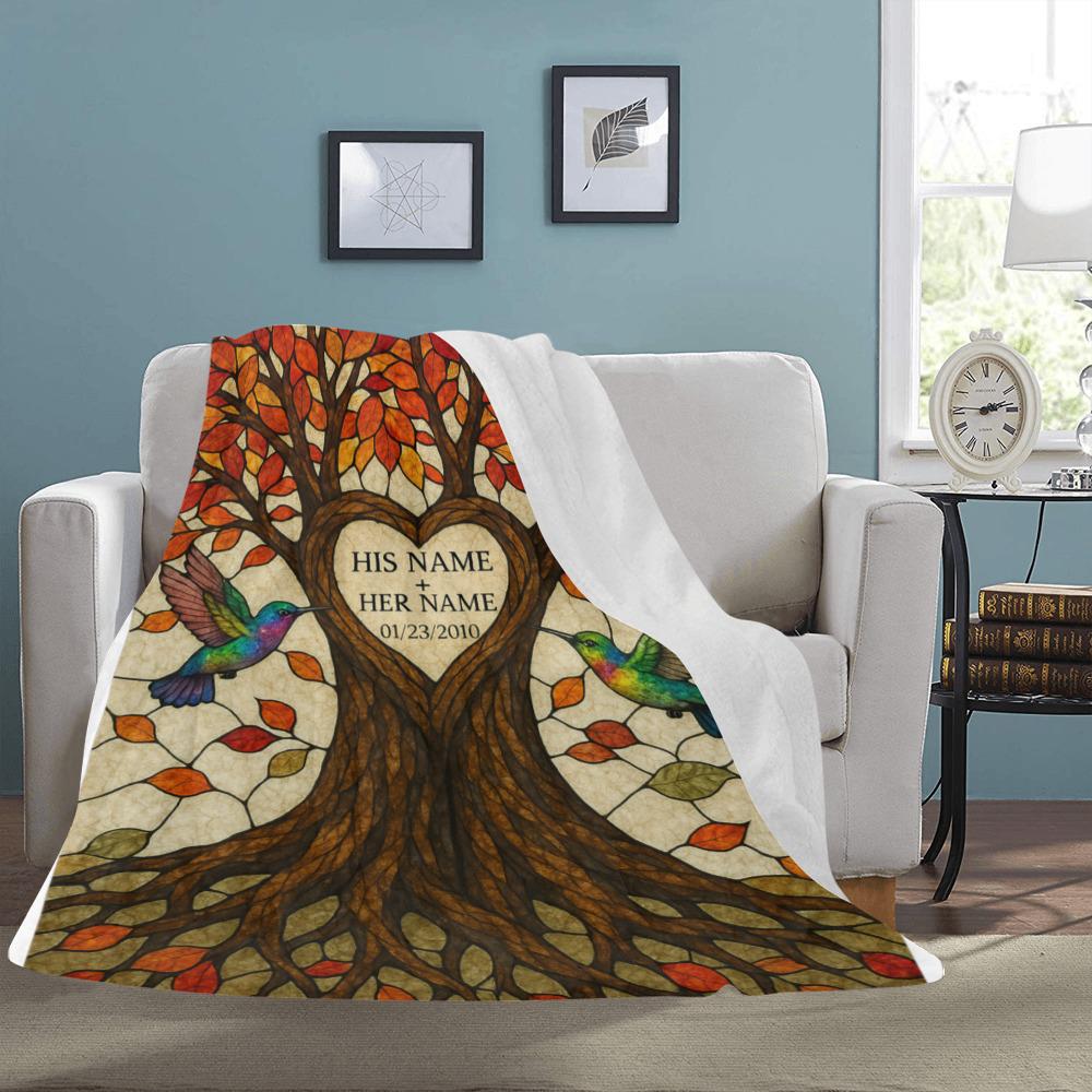 Personalized Anniversary Blanket, Couple Tree of Life Throw, Custom Name & Date Blanket,Fall Hummingbird Gift for Her or Him,Couple Keepsake