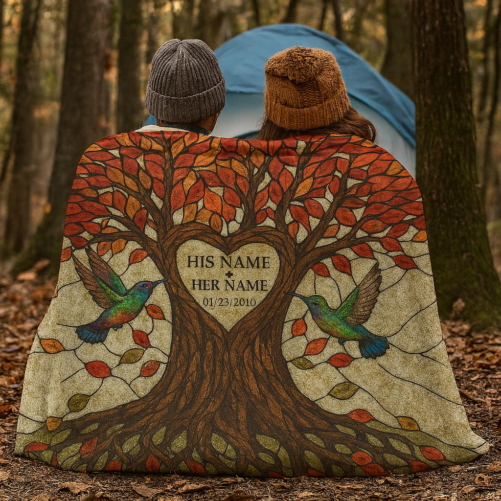 Personalized Anniversary Blanket, Couple Tree of Life Throw, Custom Name & Date Blanket,Fall Hummingbird Gift for Her or Him,Couple Keepsake