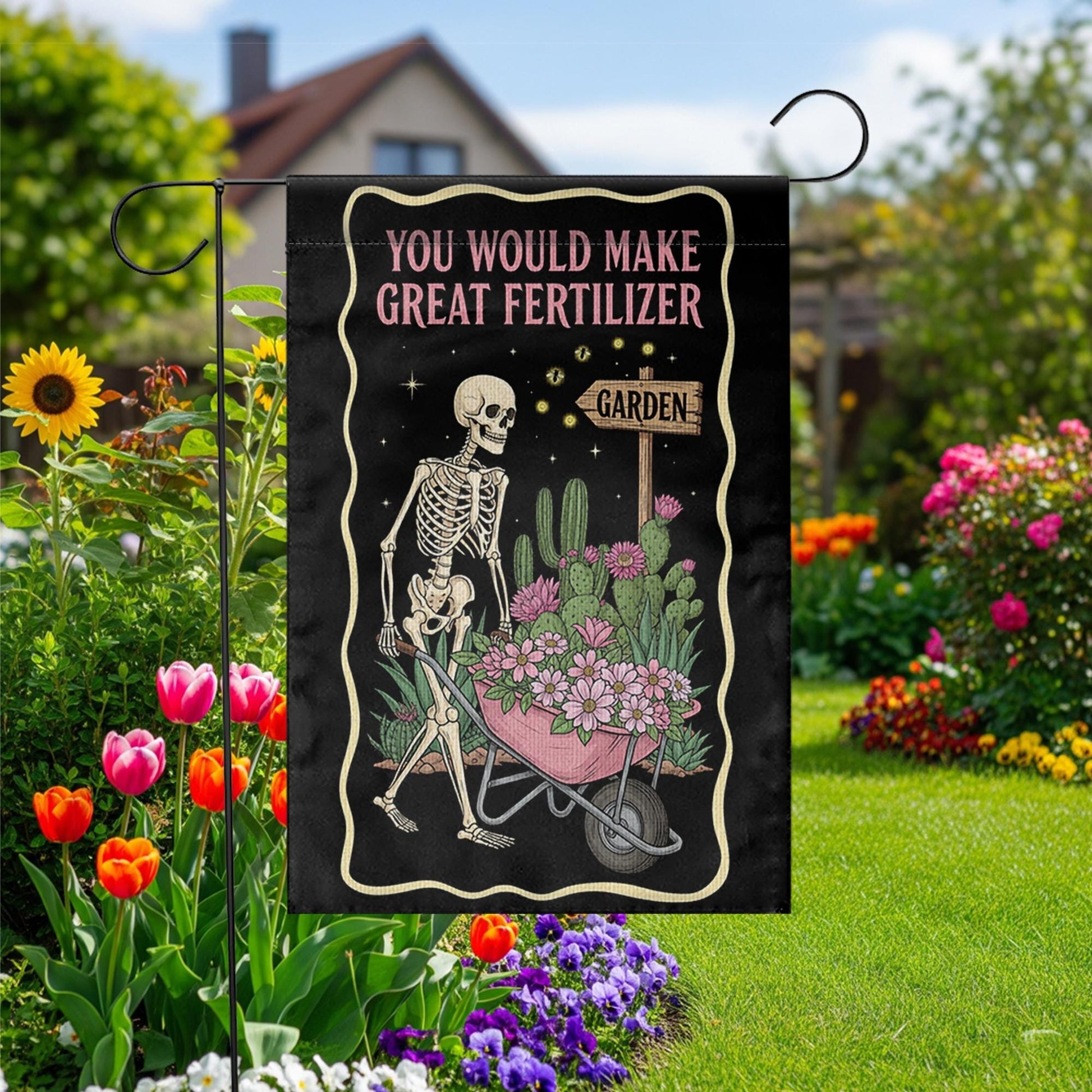 Funny Skeleton Garden Flag | “You Would Make Great Fertilizer” Outdoor Banner | Dark Humor Yard Decor | Gothic Halloween Lawn Flag