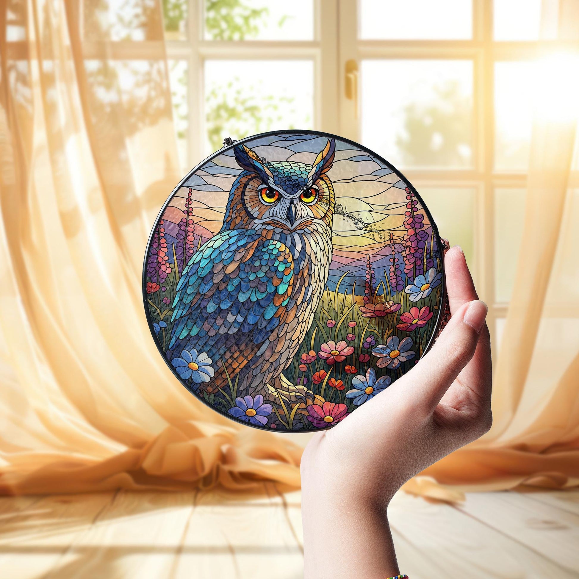 Owl Faux Stained Glass Suncatcher | Colorful Bird Window Hanging | Nature Lover Gift | Woodland Animal Decor | Boho Sun Catcher Art