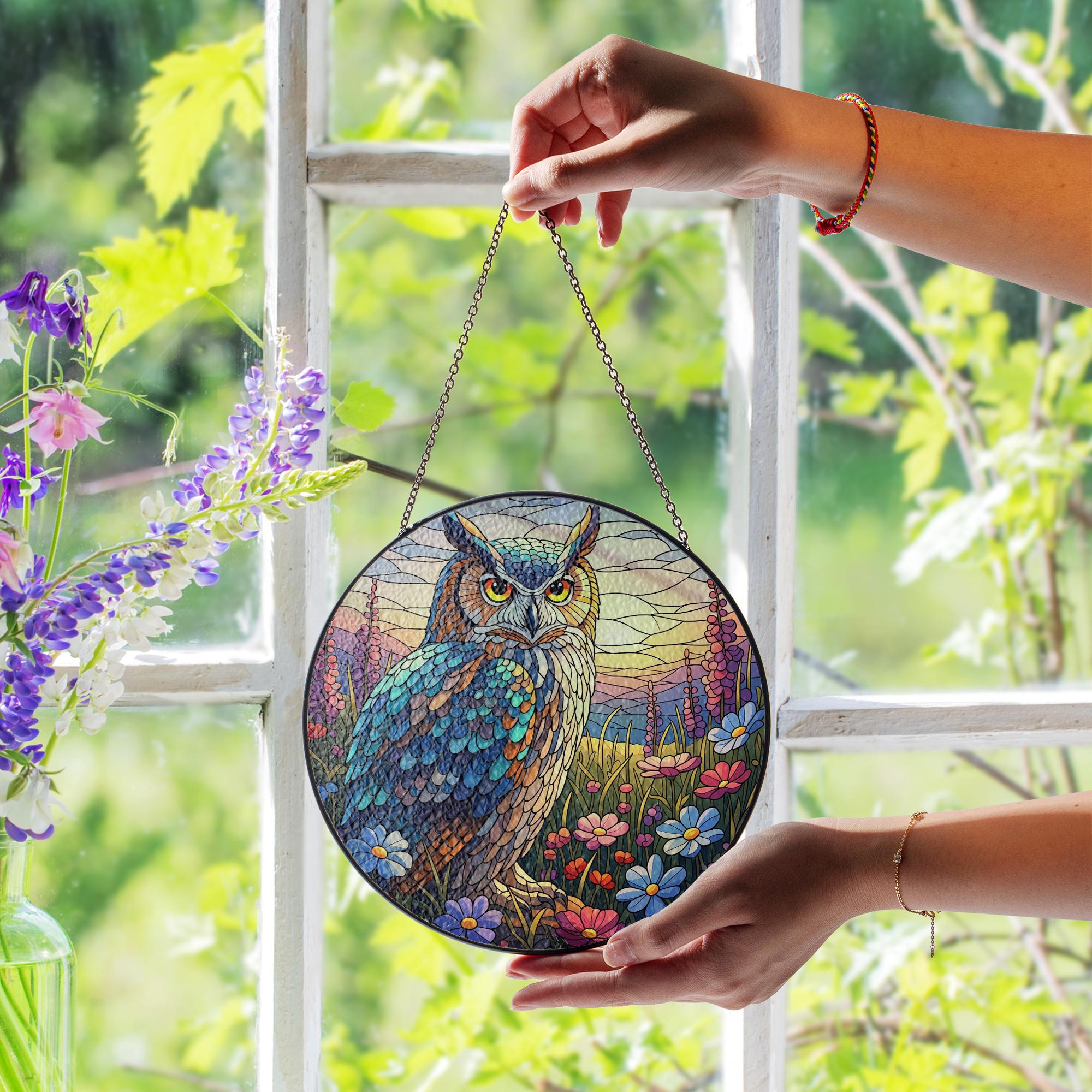 Owl Faux Stained Glass Suncatcher | Colorful Bird Window Hanging | Nature Lover Gift | Woodland Animal Decor | Boho Sun Catcher Art