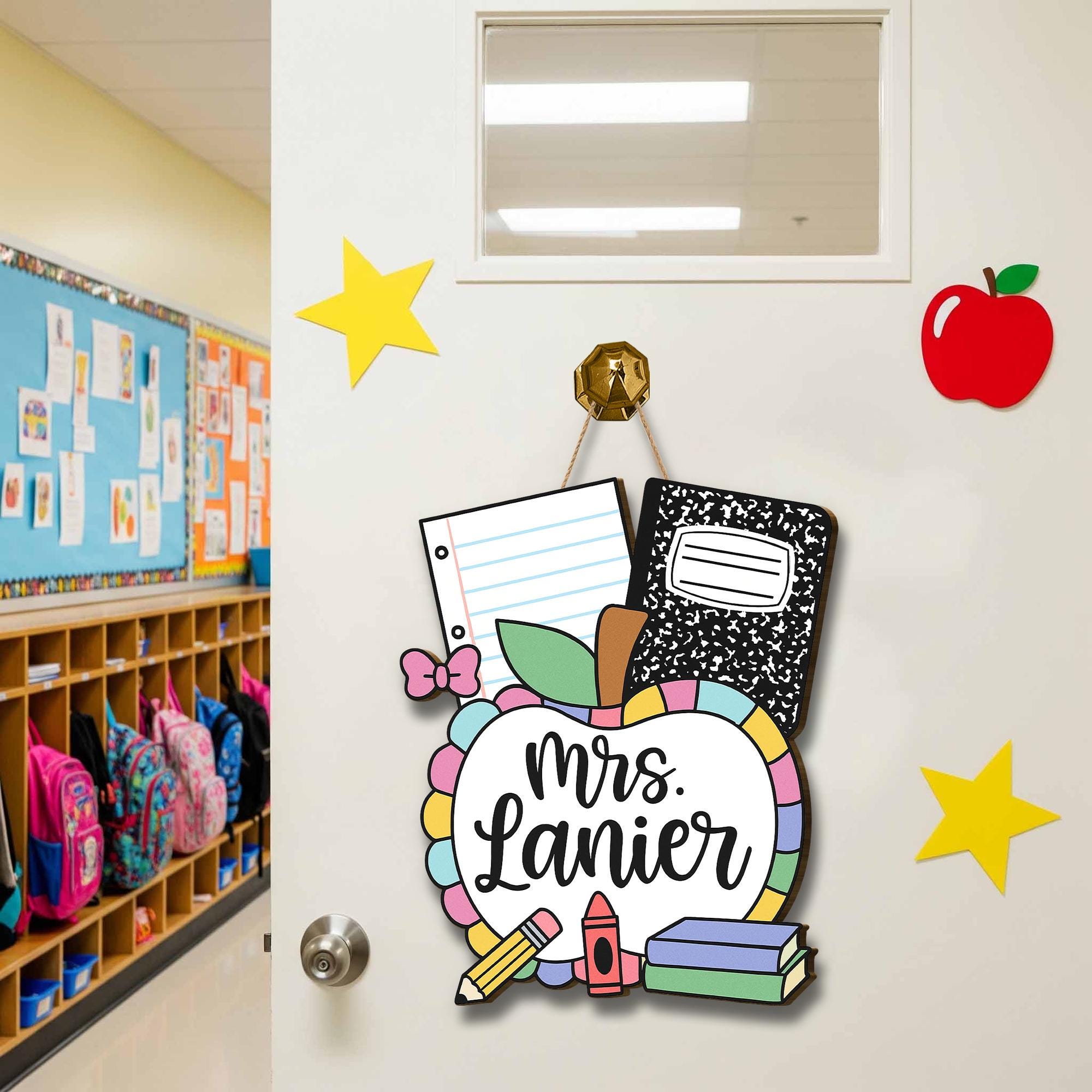 Personalized Teacher Door Hanger with Apple, Crayons, Books & Notebooks | Custom Classroom Sign for Back to School Decor, Teachers