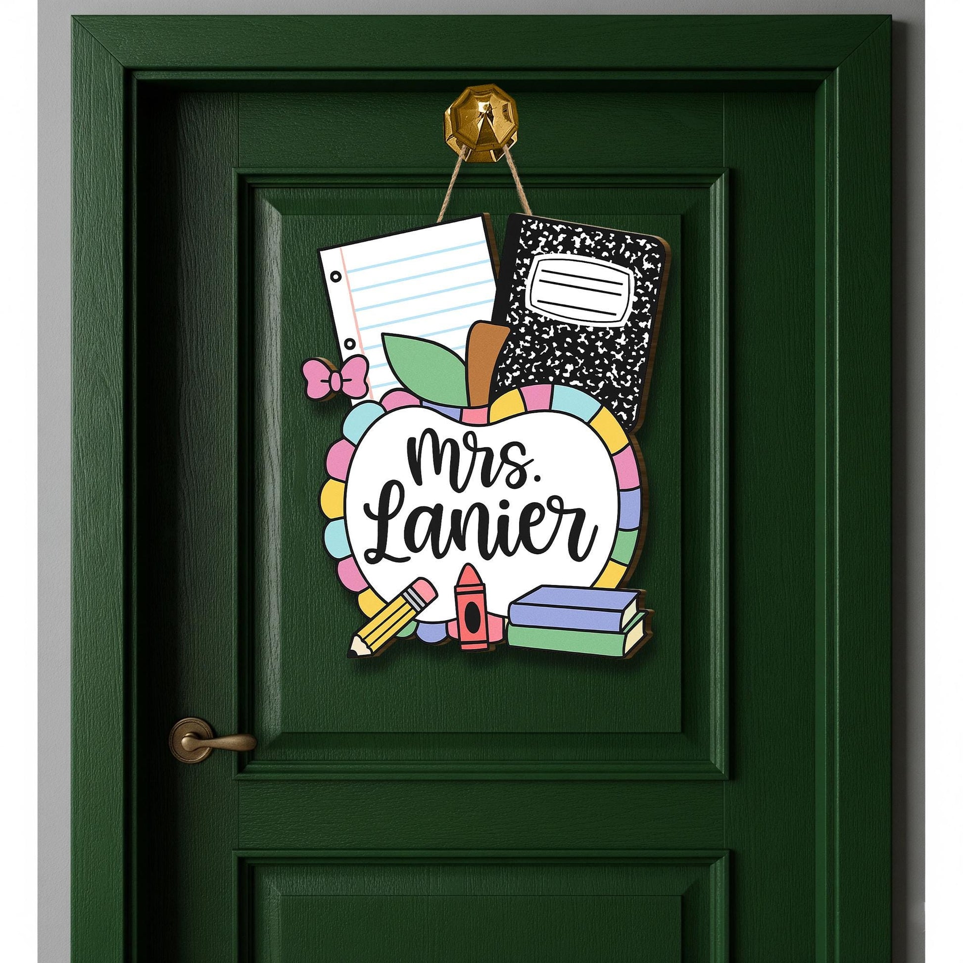 Personalized Teacher Door Hanger with Apple, Crayons, Books & Notebooks | Custom Classroom Sign for Back to School Decor, Teachers