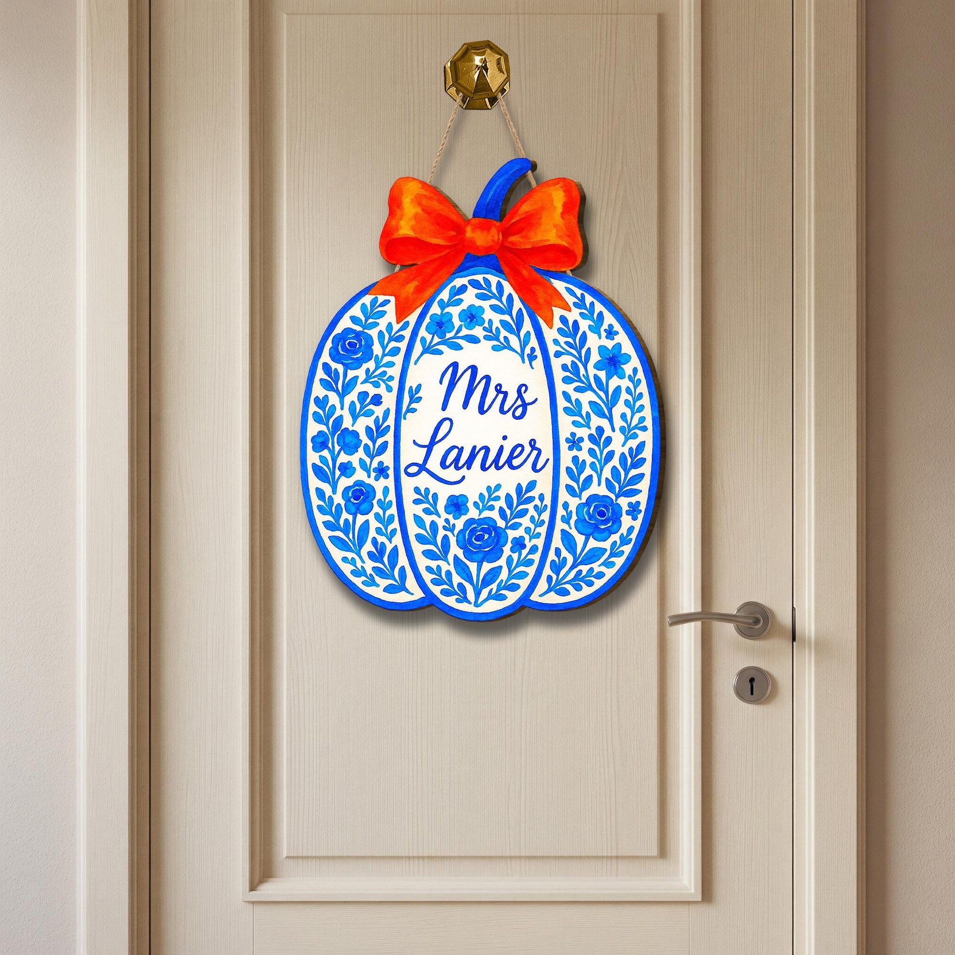 Personalized Blue Floral Pumpkin Door Hanger with Name | Chinoiserie Fall Decor, Personalized Autumn Door Decoration, Orange Bow Porch Sign