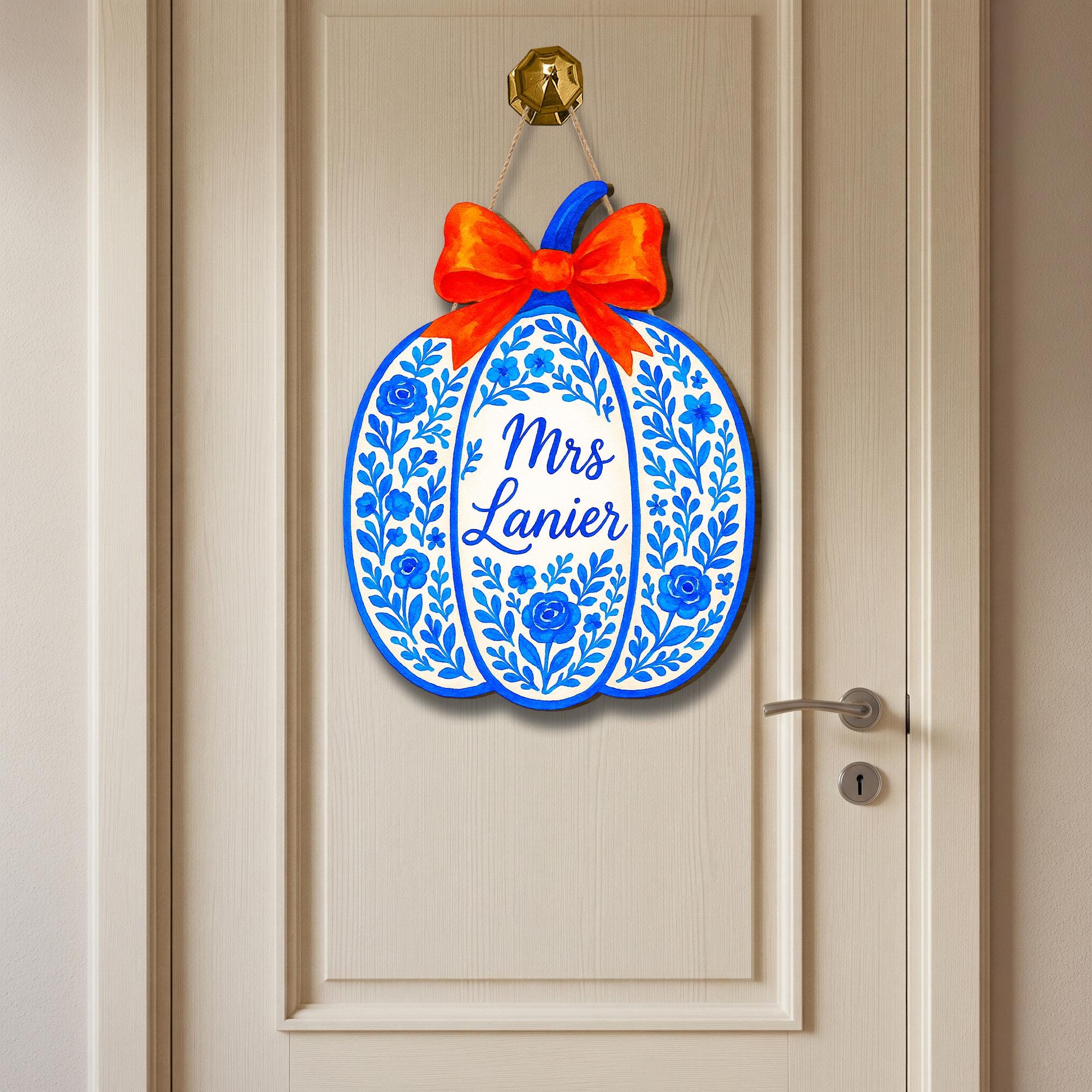 Personalized Blue Floral Pumpkin Door Hanger with Name | Chinoiserie Fall Decor, Personalized Autumn Door Decoration, Orange Bow Porch Sign