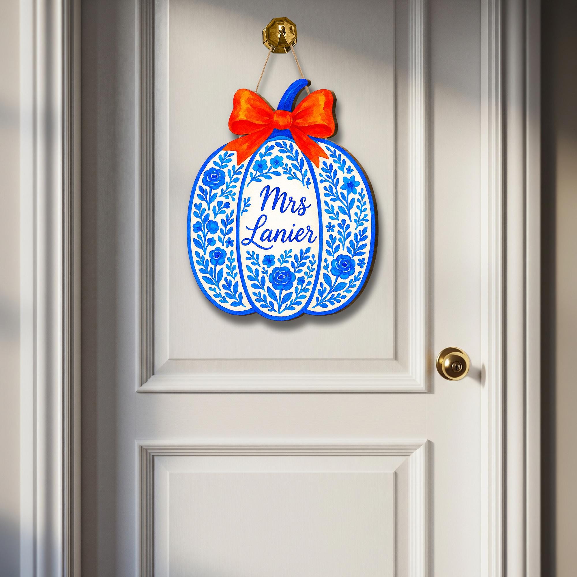 Personalized Blue Floral Pumpkin Door Hanger with Name | Chinoiserie Fall Decor, Personalized Autumn Door Decoration, Orange Bow Porch Sign