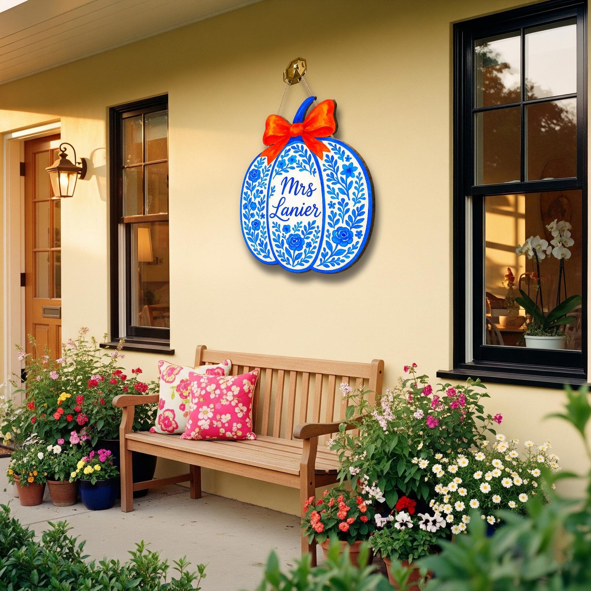 Personalized Blue Floral Pumpkin Door Hanger with Name | Chinoiserie Fall Decor, Personalized Autumn Door Decoration, Orange Bow Porch Sign