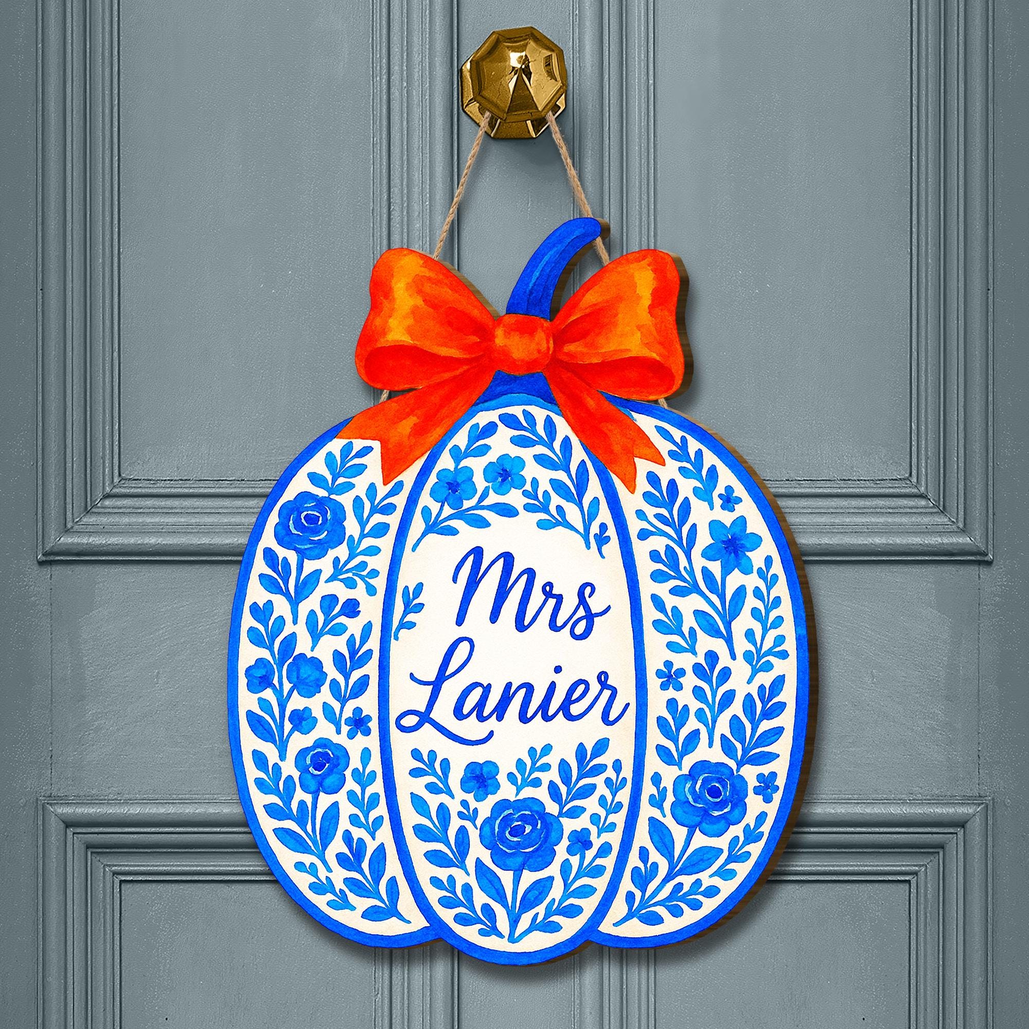 Personalized Blue Floral Pumpkin Door Hanger with Name | Chinoiserie Fall Decor, Personalized Autumn Door Decoration, Orange Bow Porch Sign