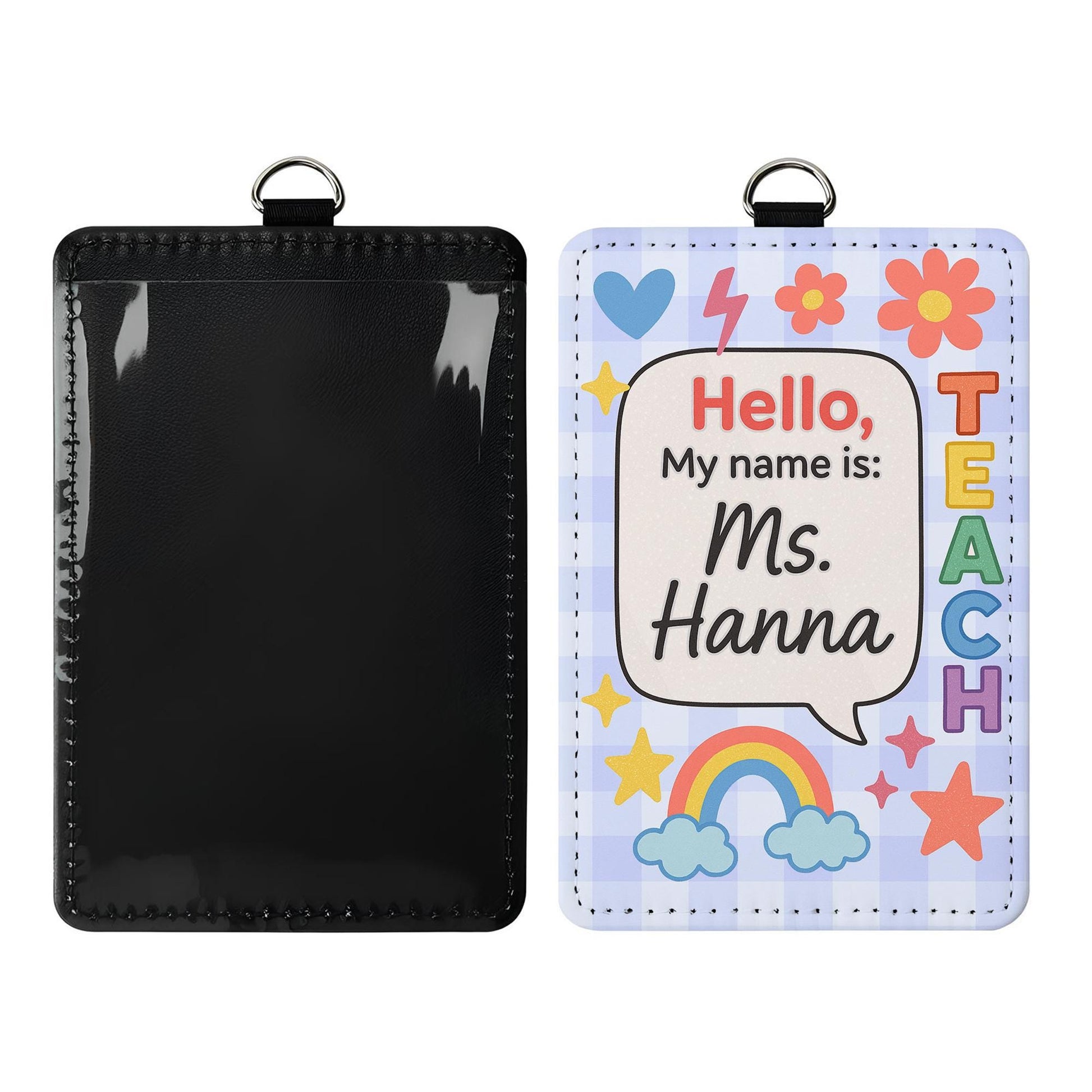 Personalized Teacher Name Badge, Cute Classroom ID Holder, Personalized Lanyard for Teachers, Rainbow Floral School ID Tag, Teacher Badge