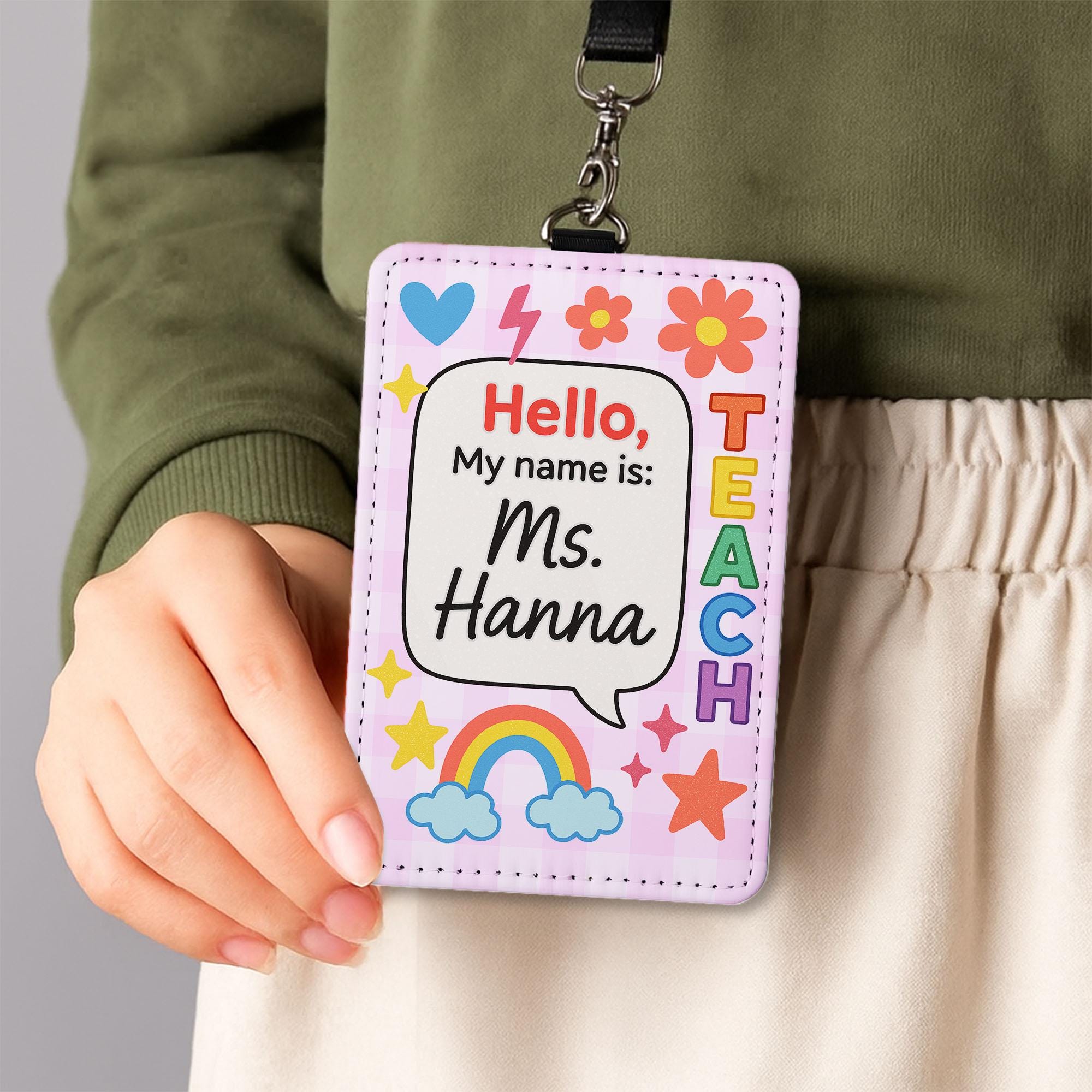 Personalized Teacher Name Badge, Cute Classroom ID Holder, Personalized Lanyard for Teachers, Rainbow Floral School ID Tag, Teacher Badge