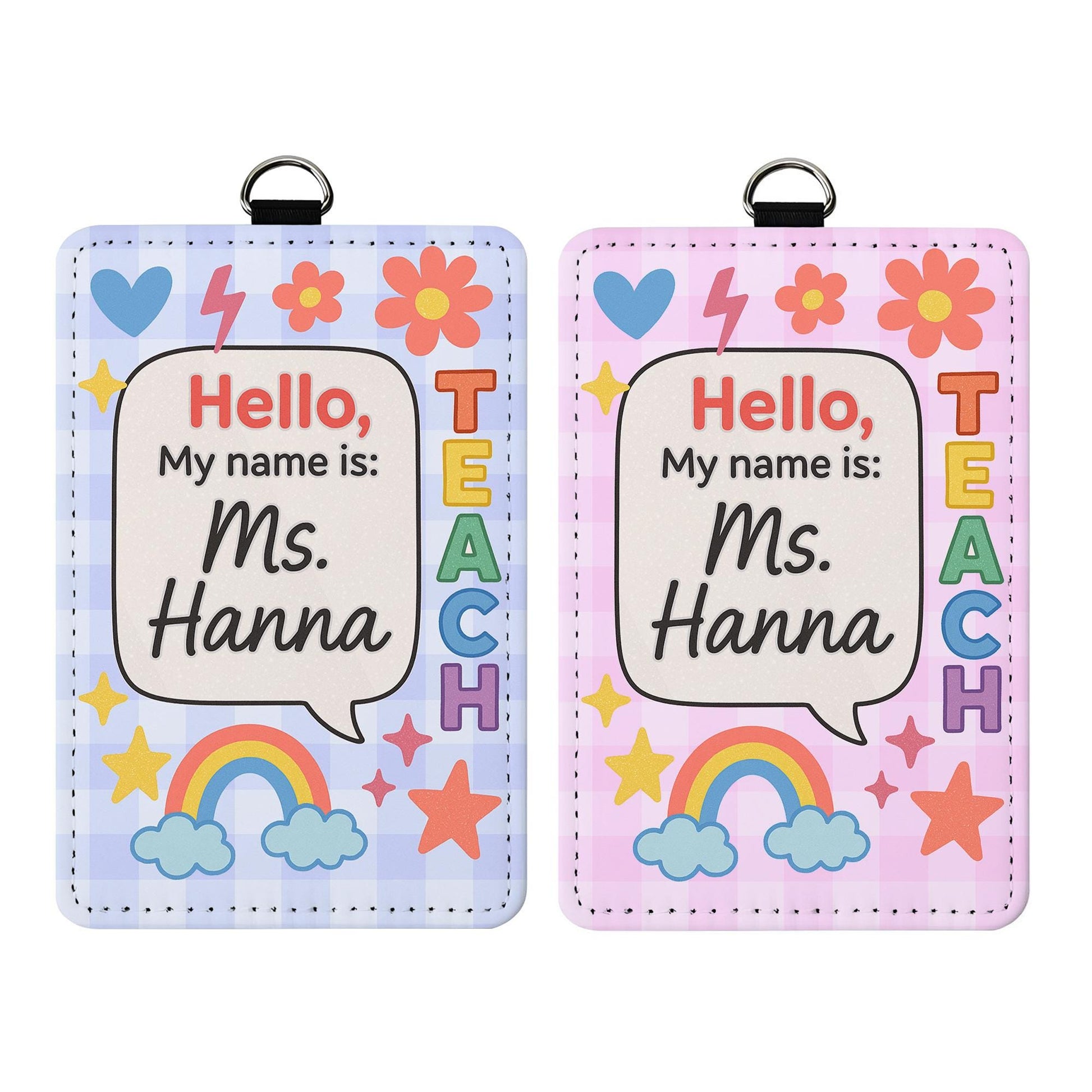 Personalized Teacher Name Badge, Cute Classroom ID Holder, Personalized Lanyard for Teachers, Rainbow Floral School ID Tag, Teacher Badge