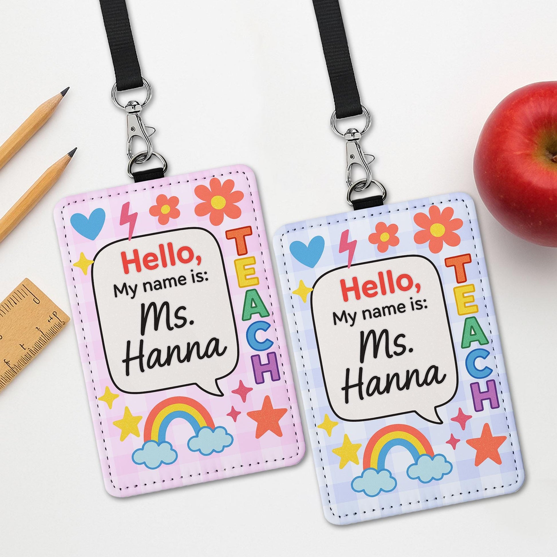 Personalized Teacher Name Badge, Cute Classroom ID Holder, Personalized Lanyard for Teachers, Rainbow Floral School ID Tag, Teacher Badge