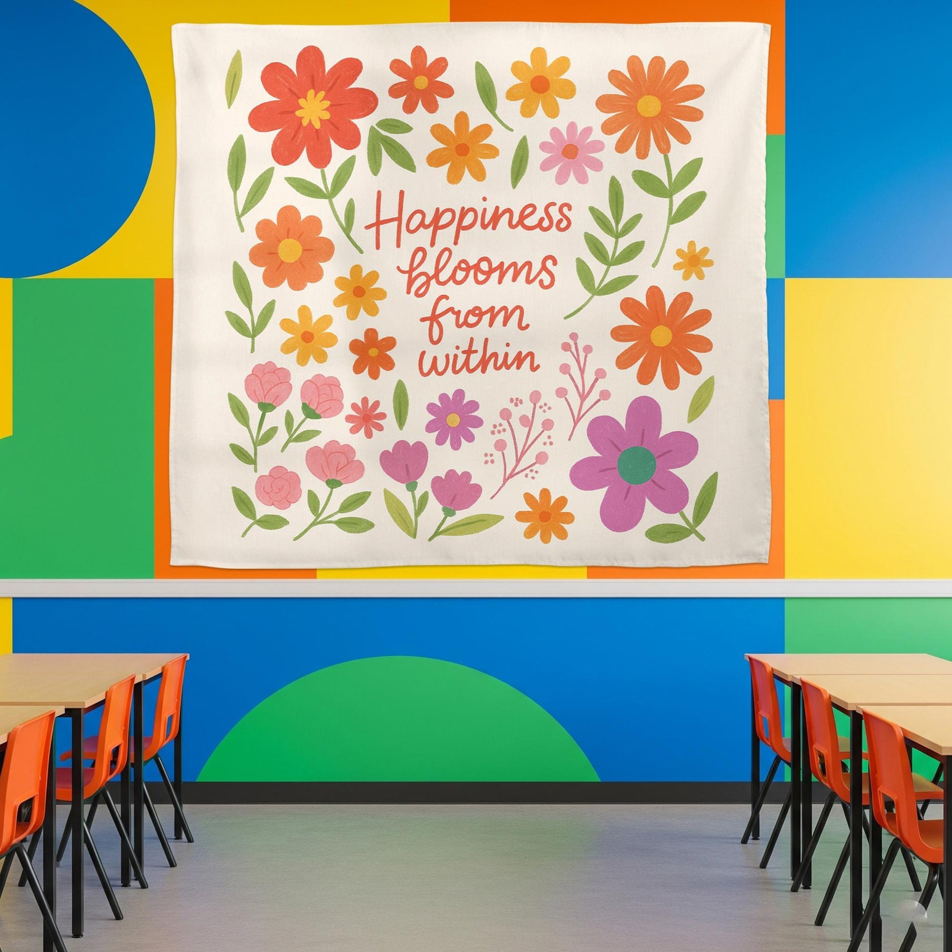 Happiness Blooms From WithinTapestry, Back to School Classroom Decor, Colorful Floral Wall Art Positive Affirmation Poster, Teacher Banner