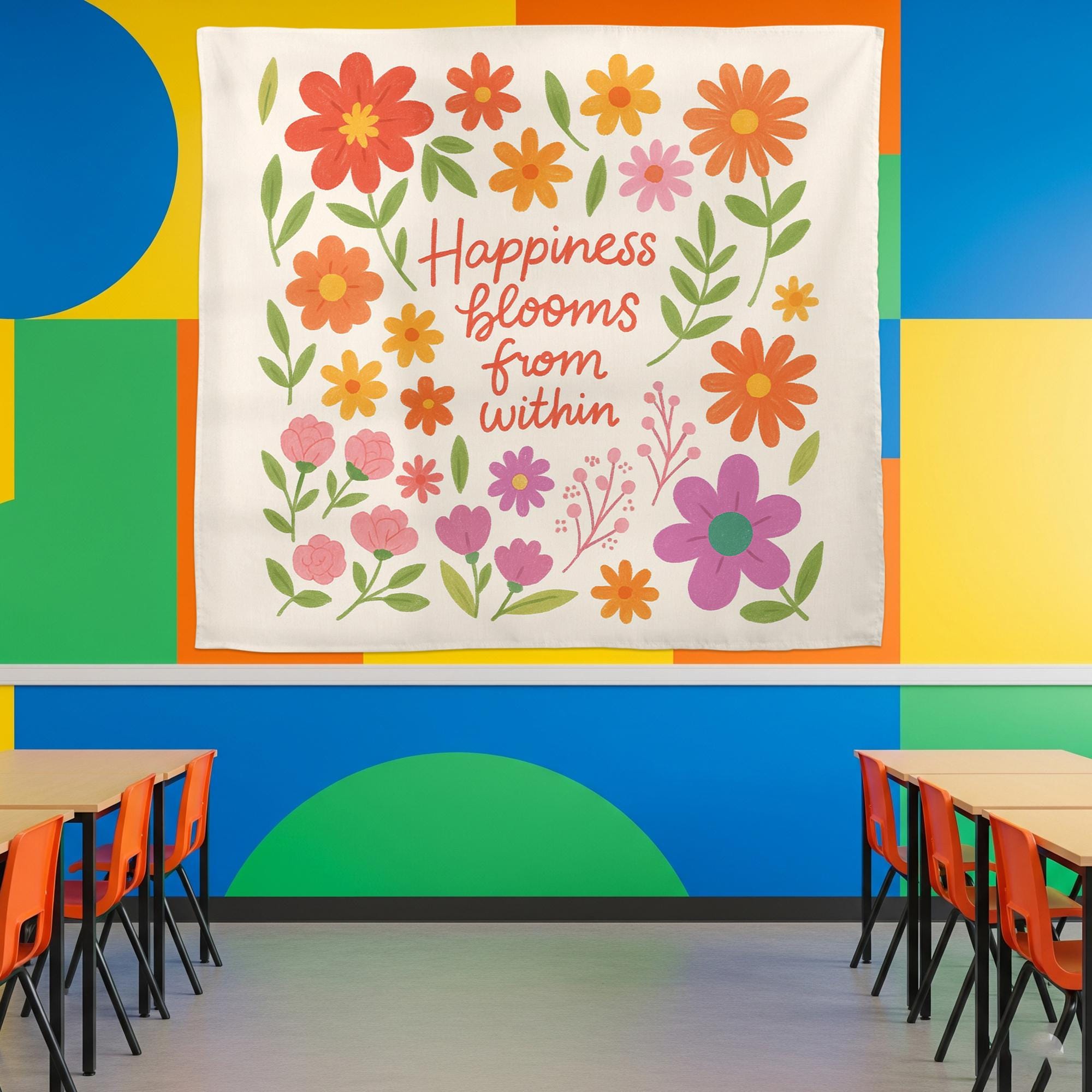 Happiness Blooms From WithinTapestry, Back to School Classroom Decor, Colorful Floral Wall Art Positive Affirmation Poster, Teacher Banner