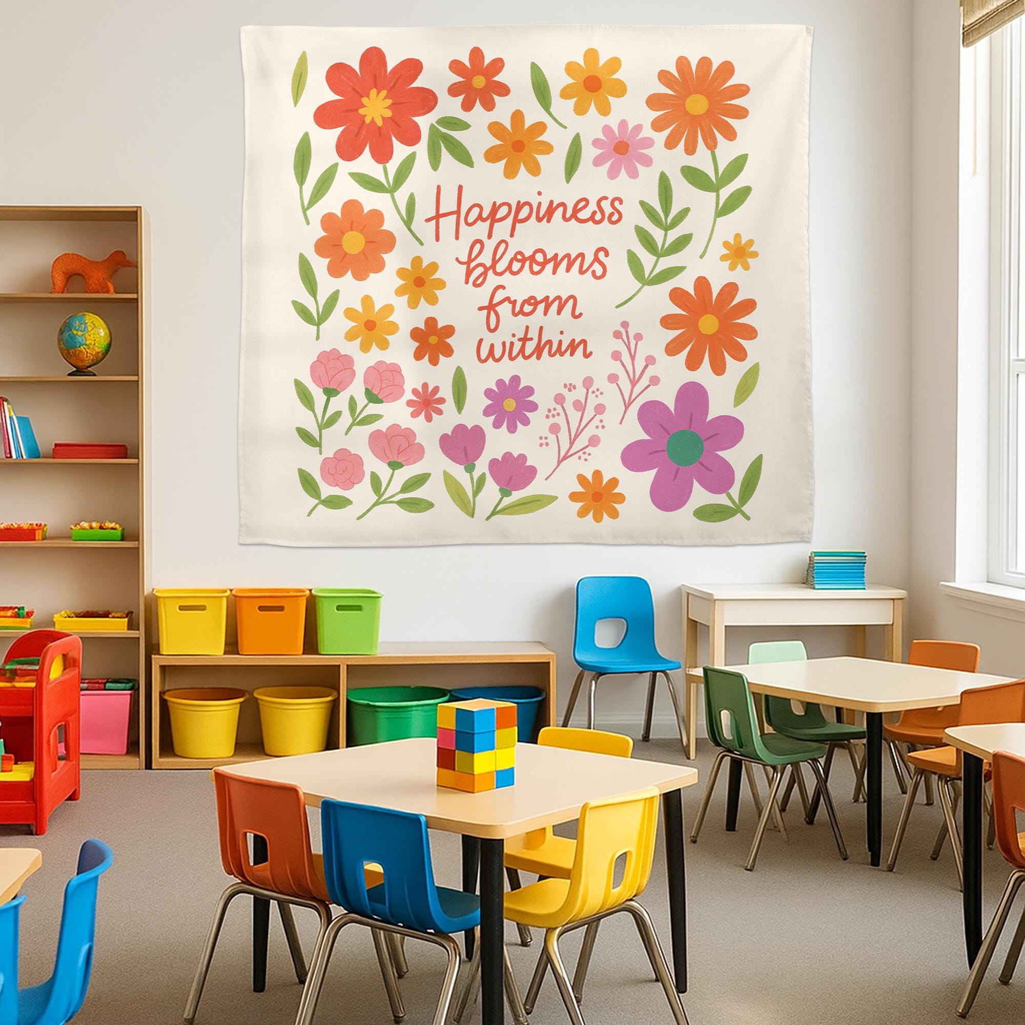 Happiness Blooms From WithinTapestry, Back to School Classroom Decor, Colorful Floral Wall Art Positive Affirmation Poster, Teacher Banner