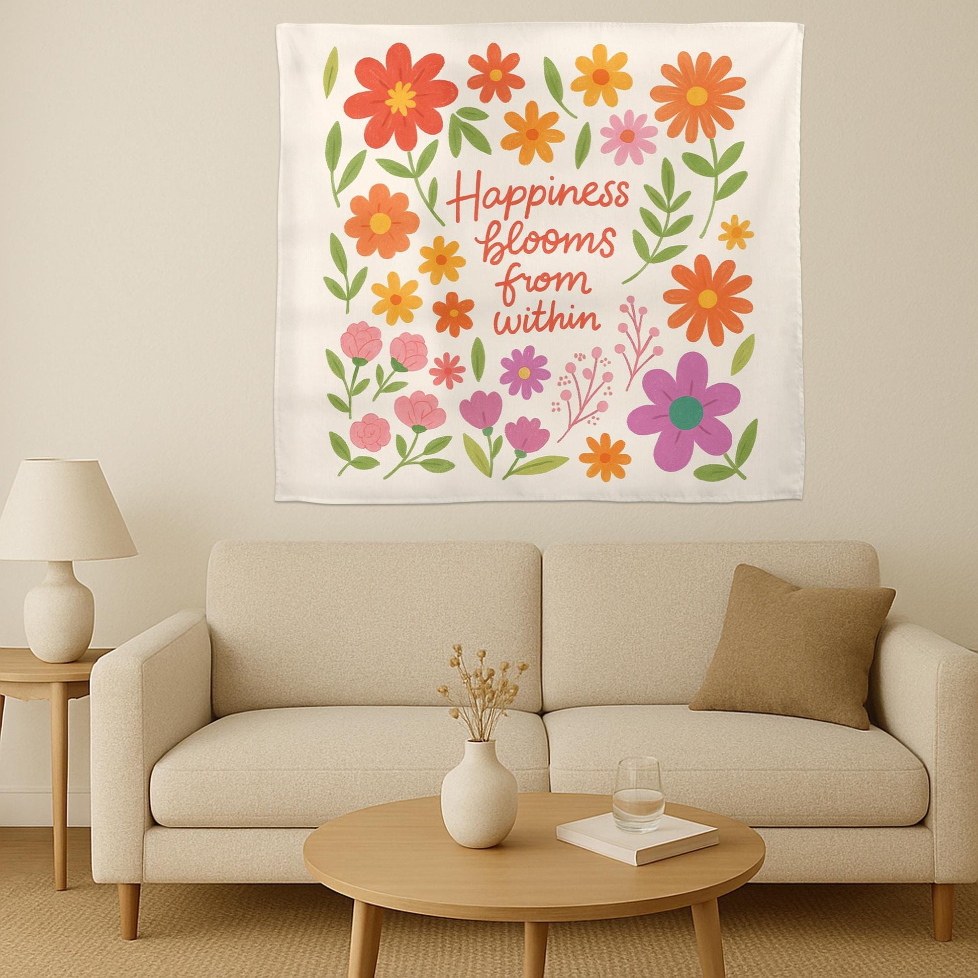 Happiness Blooms From WithinTapestry, Back to School Classroom Decor, Colorful Floral Wall Art Positive Affirmation Poster, Teacher Banner