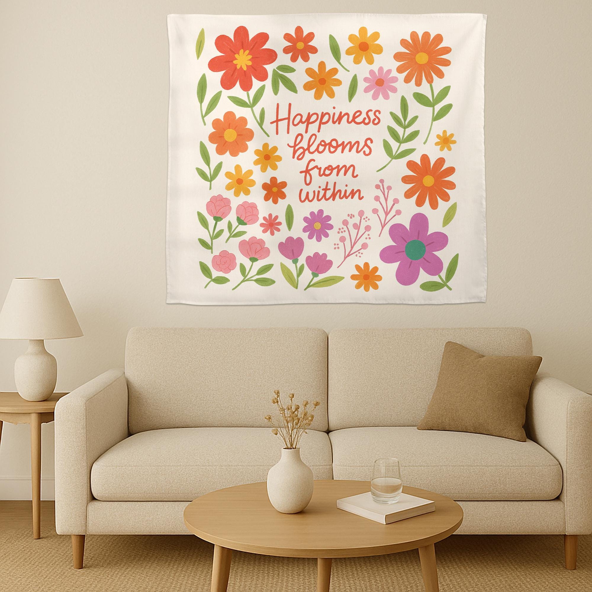 Happiness Blooms From WithinTapestry, Back to School Classroom Decor, Colorful Floral Wall Art Positive Affirmation Poster, Teacher Banner