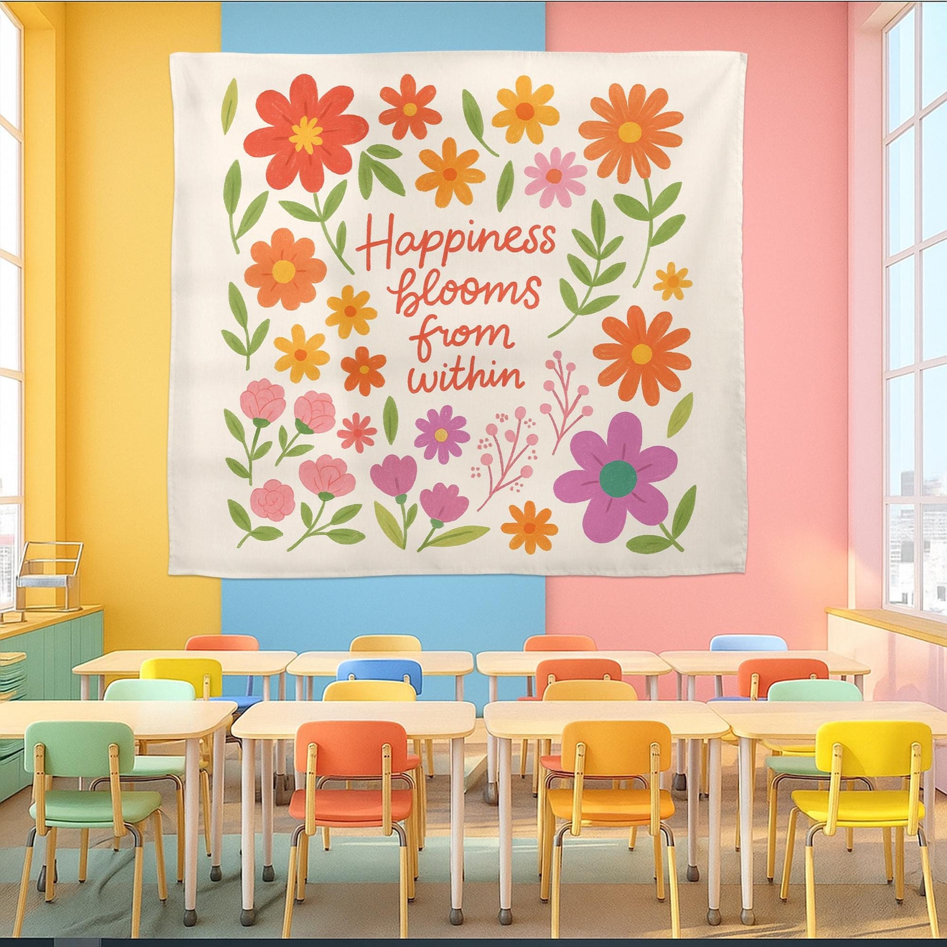 Happiness Blooms From WithinTapestry, Back to School Classroom Decor, Colorful Floral Wall Art Positive Affirmation Poster, Teacher Banner