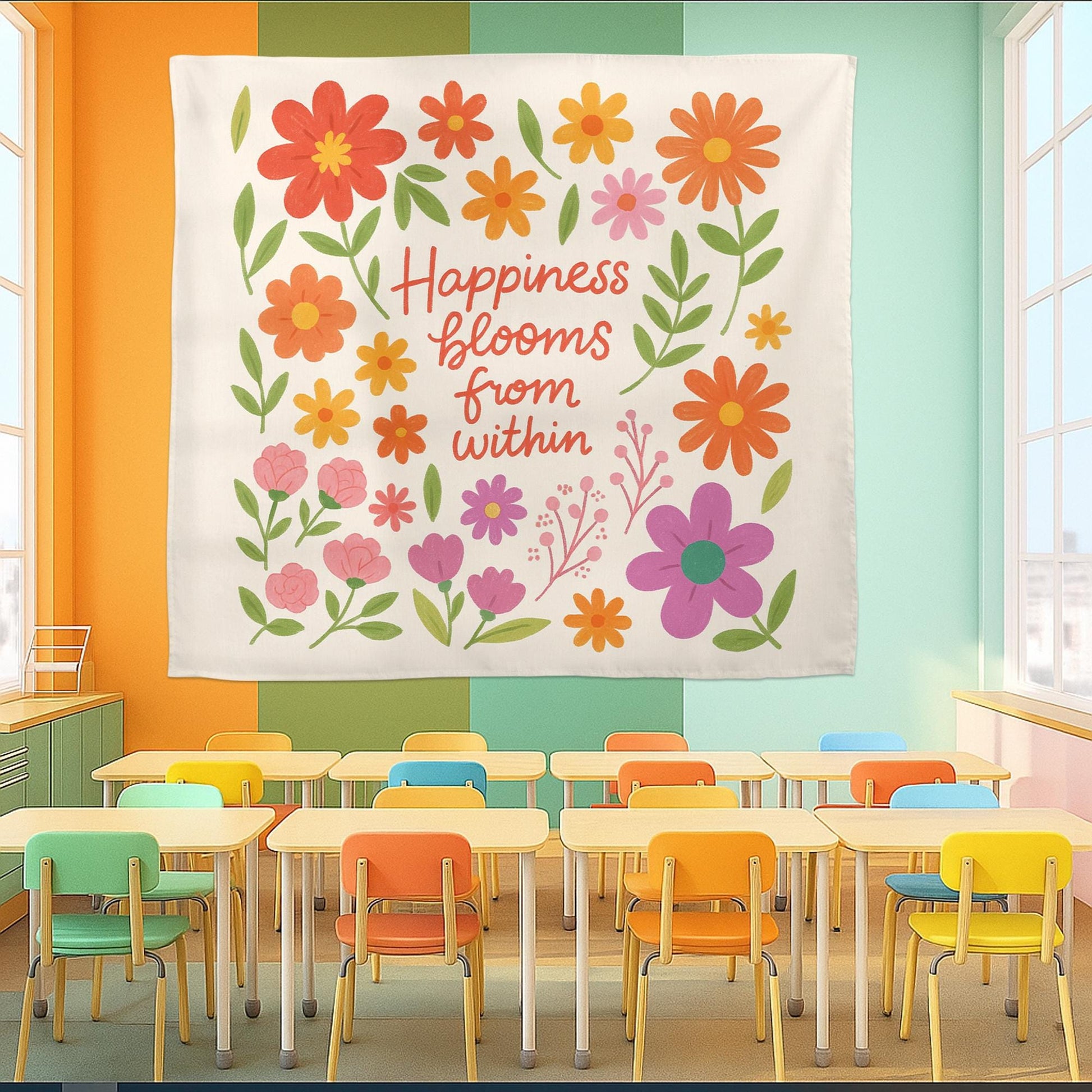 Happiness Blooms From WithinTapestry, Back to School Classroom Decor, Colorful Floral Wall Art Positive Affirmation Poster, Teacher Banner