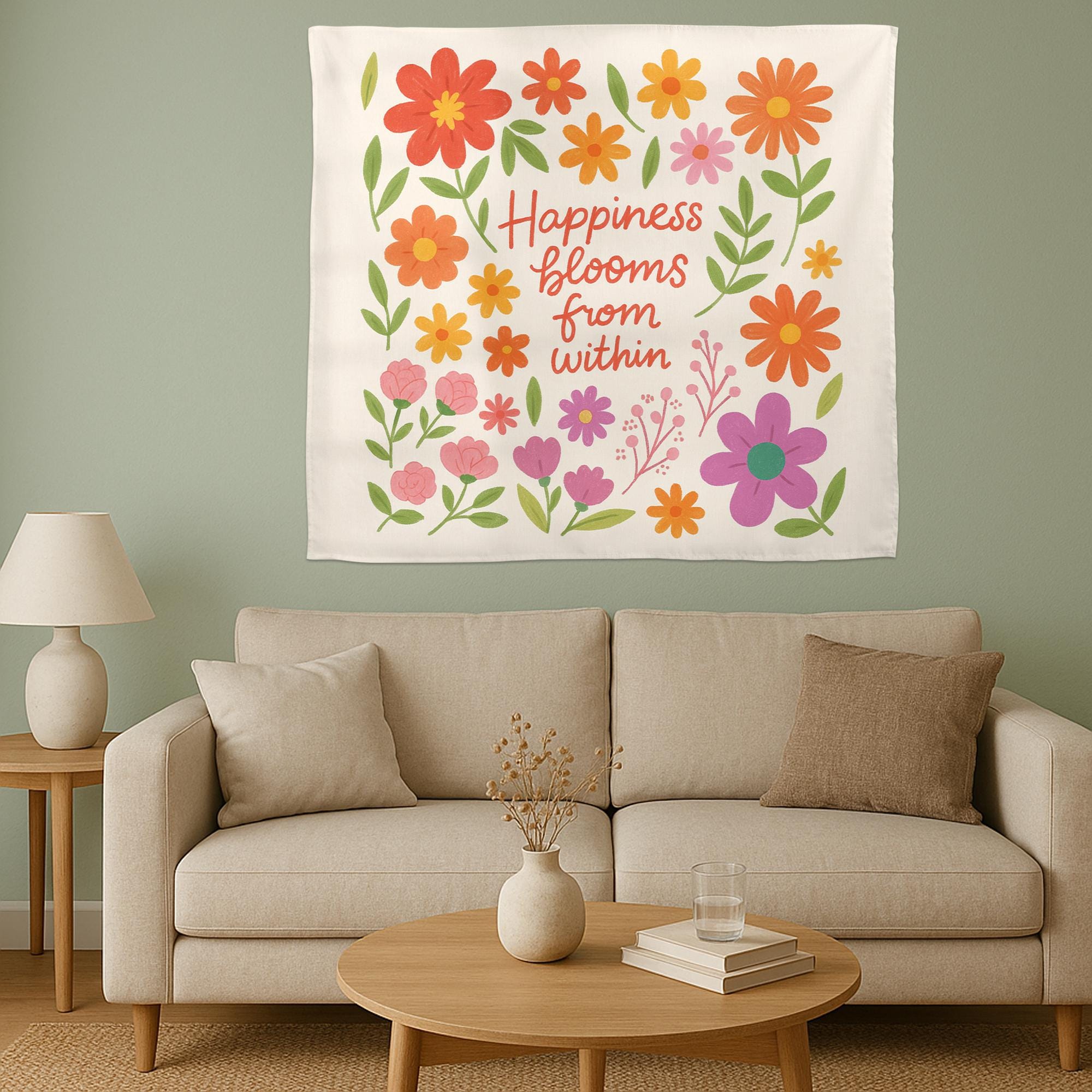 Happiness Blooms From WithinTapestry, Back to School Classroom Decor, Colorful Floral Wall Art Positive Affirmation Poster, Teacher Banner