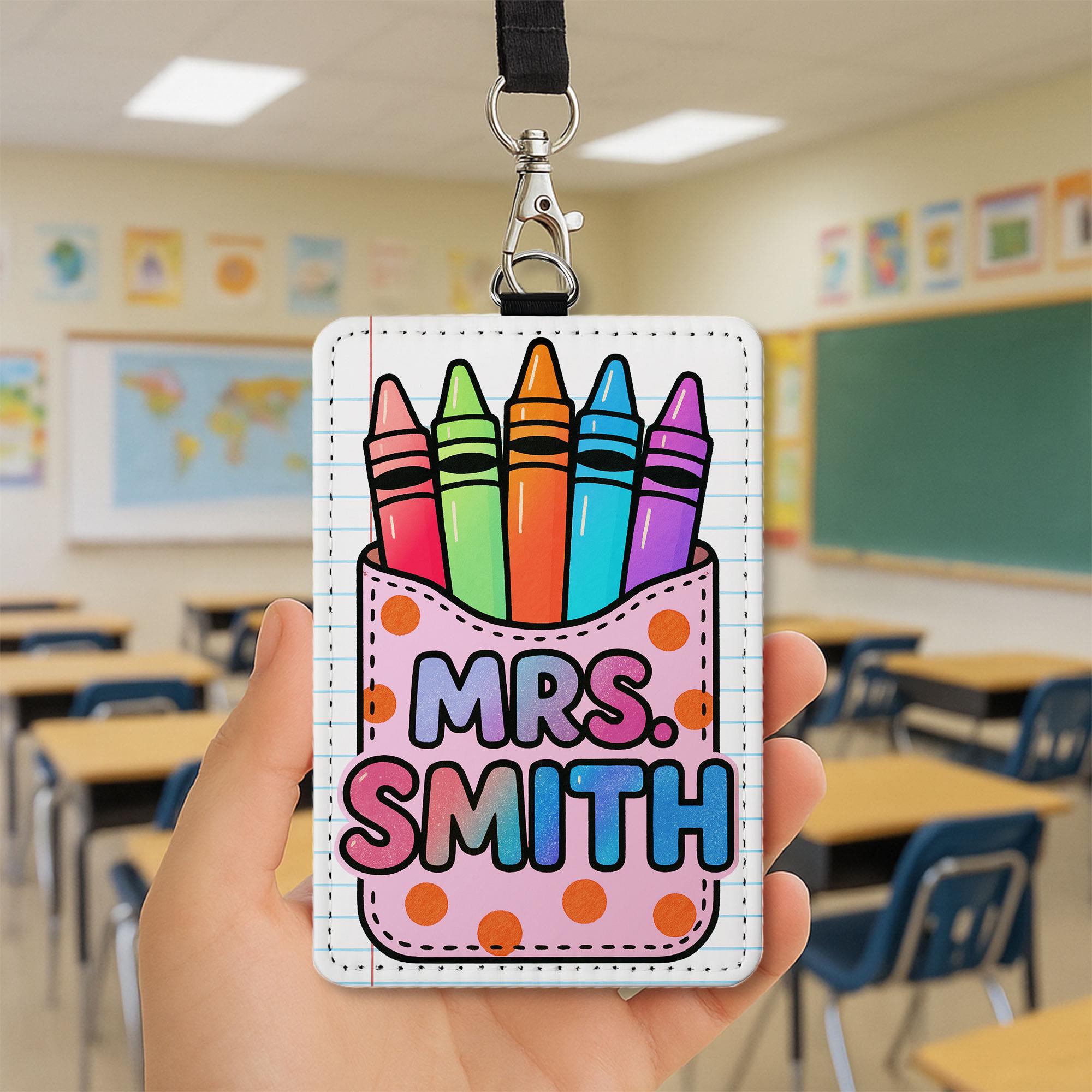 Teacher Badge Holder, Crayon Teacher ID Tag, Cute Name Badge for Classroom, Personalized Lanyard, Custom School Accessory, Cute  ID Tag